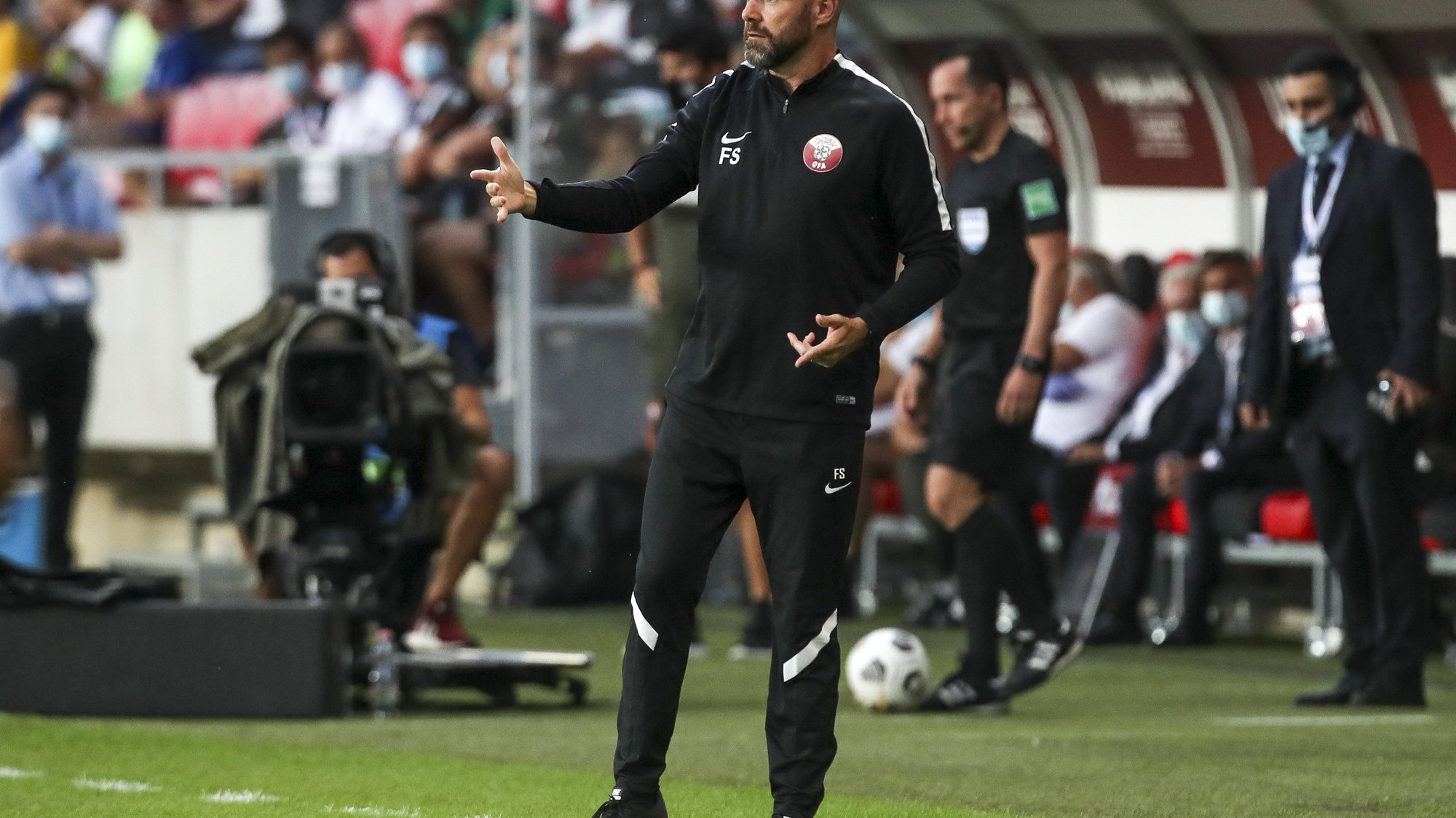 Qatar&#039;s head coach Felix Sanchez reacts during the friendly soccer match between Qatar and Portugal held at Nagyerdei stadium in Debrecen, Hungary, 04 September 2021. PAULO NOVAIS/LUSA