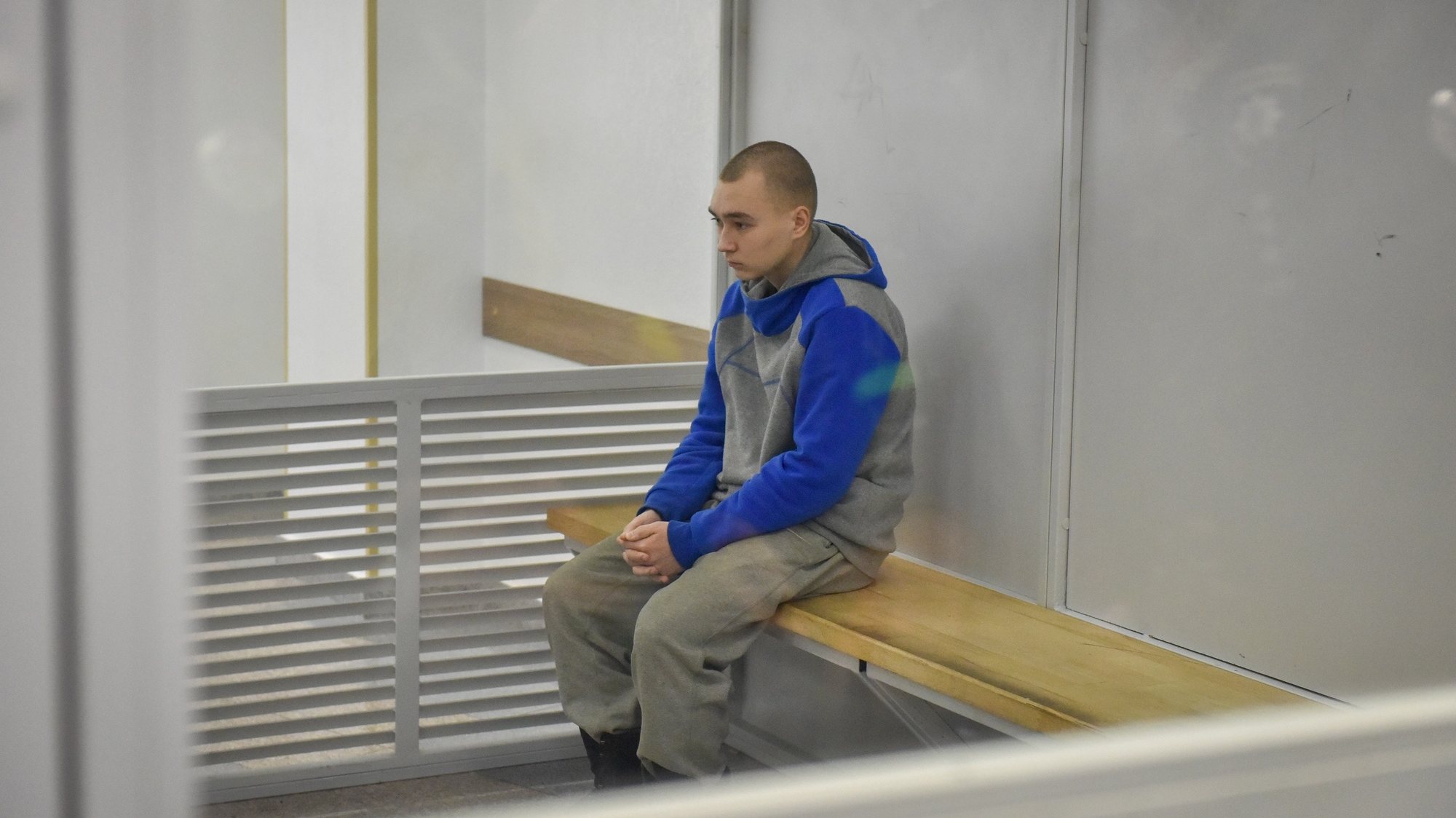 epa09968839 Russian serviceman Vadim Shishimarin attends a court hearing in the Solomyansky district court in Kyiv, Ukraine, 23 May 2022. Russian serviceman Vadim Shishimarin, 21, was sentenced to life imprisonment for the killing of an unarmed 62-year-old civilian man near Chupakha village in the Sumy area in late February 2022. A court in Kyiv ruled on the day that Shishimarin has been found guilty of war crimes and handed a life sentence. Ukraine held the first war crimes trial amid the Russian invasion.  EPA/OLEG PETRASYUK