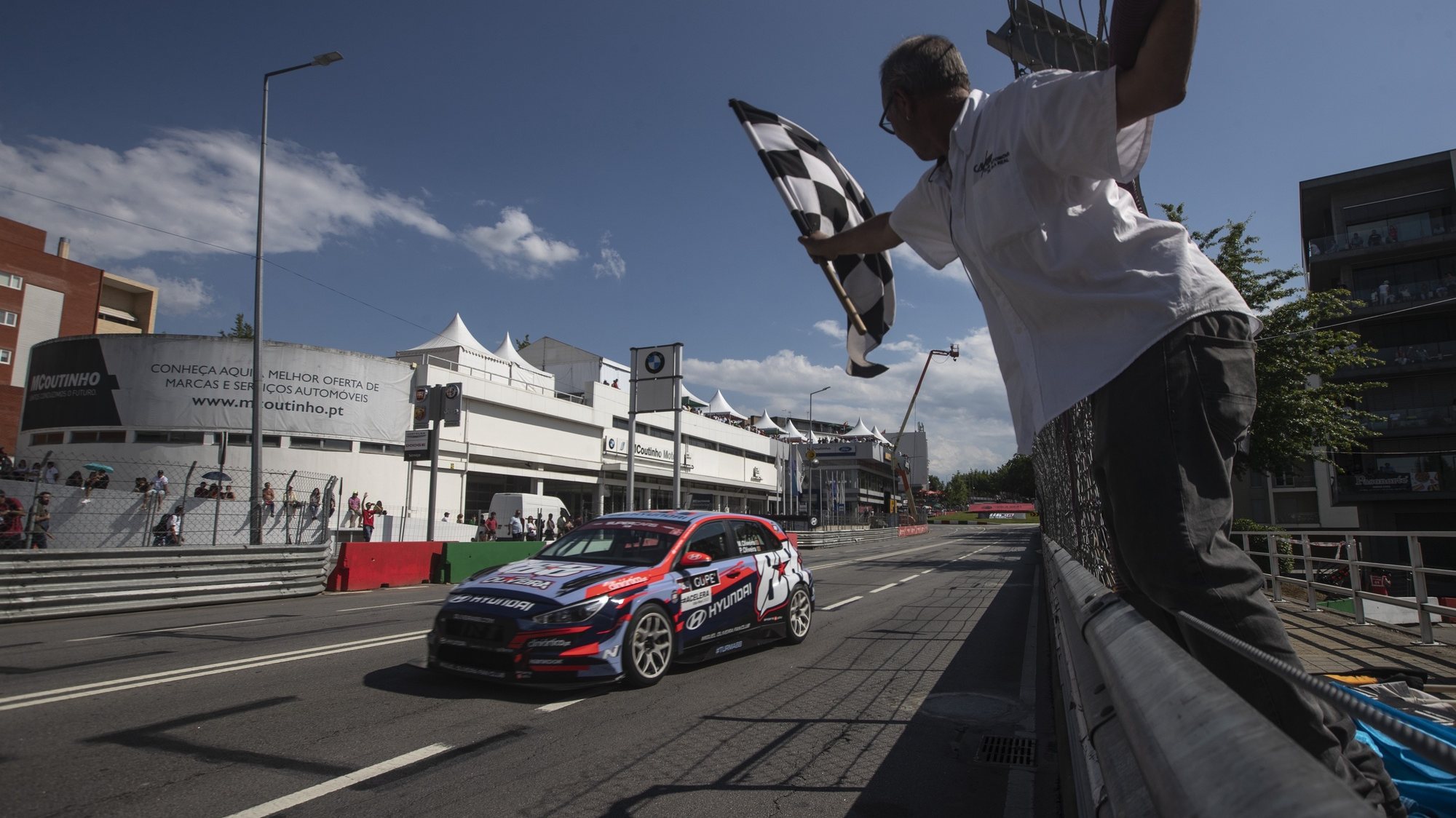 Portuguese motorcycling driver Miguel Oliveira in his Hyundai I30 crosses the finish line in thir during the WTCR Race of Portugal 2022, in Vila Real, north of Portugal, 3 July 2022. JOSE COELHO/LUSA