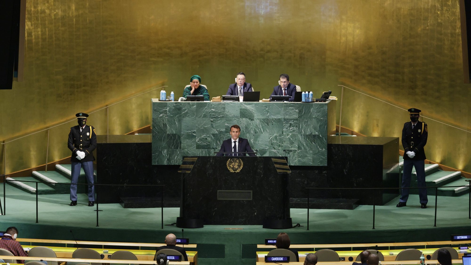 epa10195781 President Emmanuel Macron of France delivers his address during the 77th General Debate inside the General Assembly Hall at United Nations Headquarters in New York, New York, USA, 20 September 2022.  EPA/JUSTIN LANE