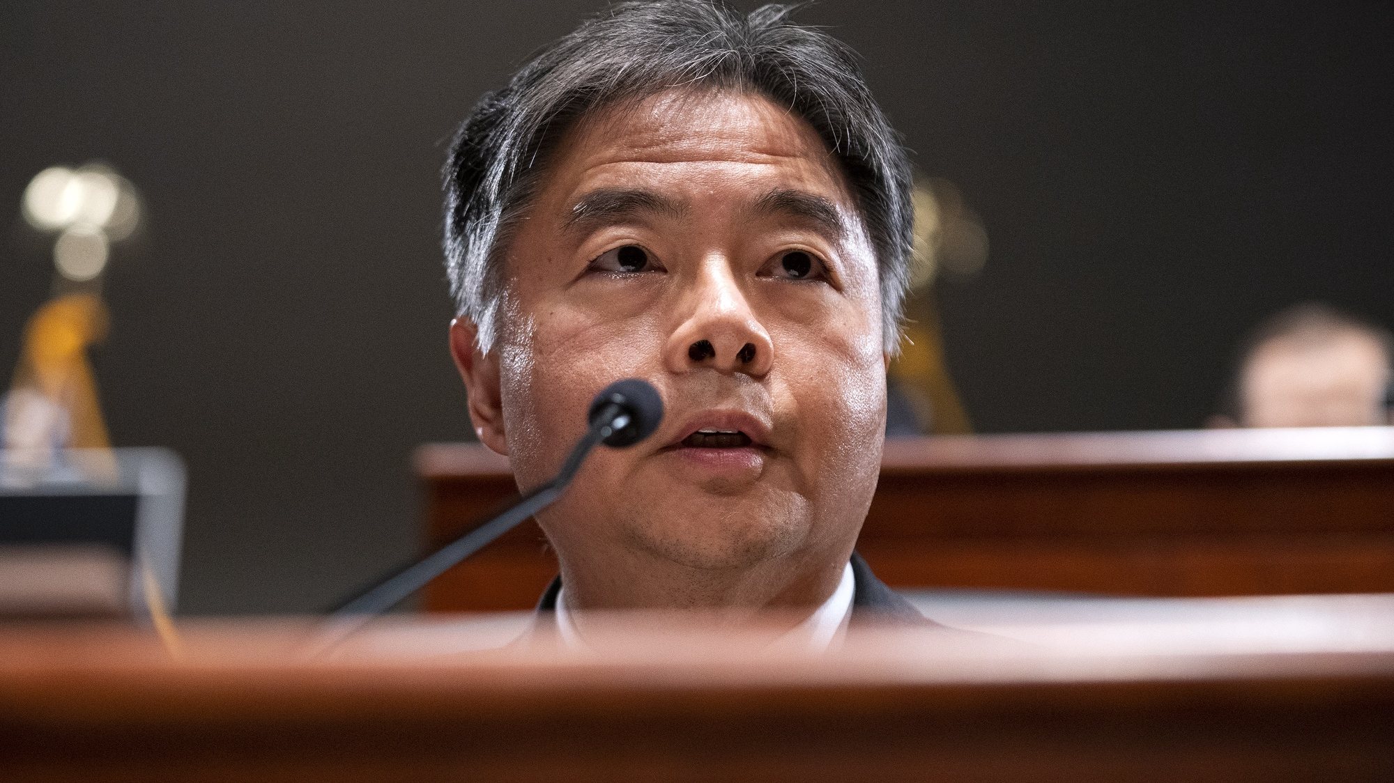 epa09536755 Rep. Ted Lieu (D-Calif.) questions Attorney General Merrick Garland during a House Judiciary Committee oversight hearing of the Department of Justice, at Capitol Hill in Washington, DC, USA, 21 October 2021.  EPA/Greg Nash / POOL