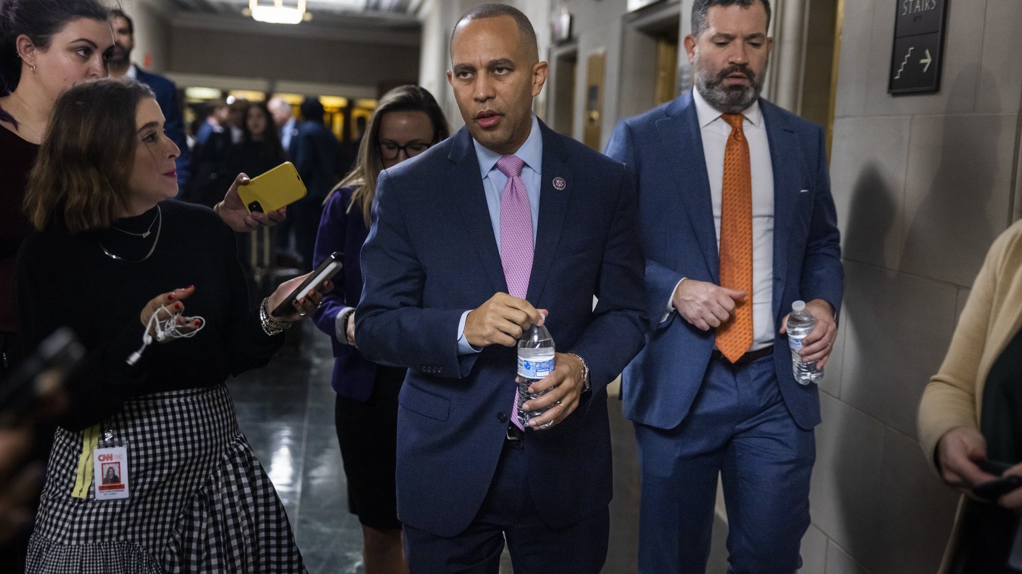 epa10339152 Democratic Representative from New York Hakeem Jeffries leaves a meeting where Democrats are voting for their new House leadership in the Longworth Building in Washington, DC, USA 30 November 2022. Jeffries is likely to become the Democrat&#039;s new House Minority Leader.  EPA/JIM LO SCALZO