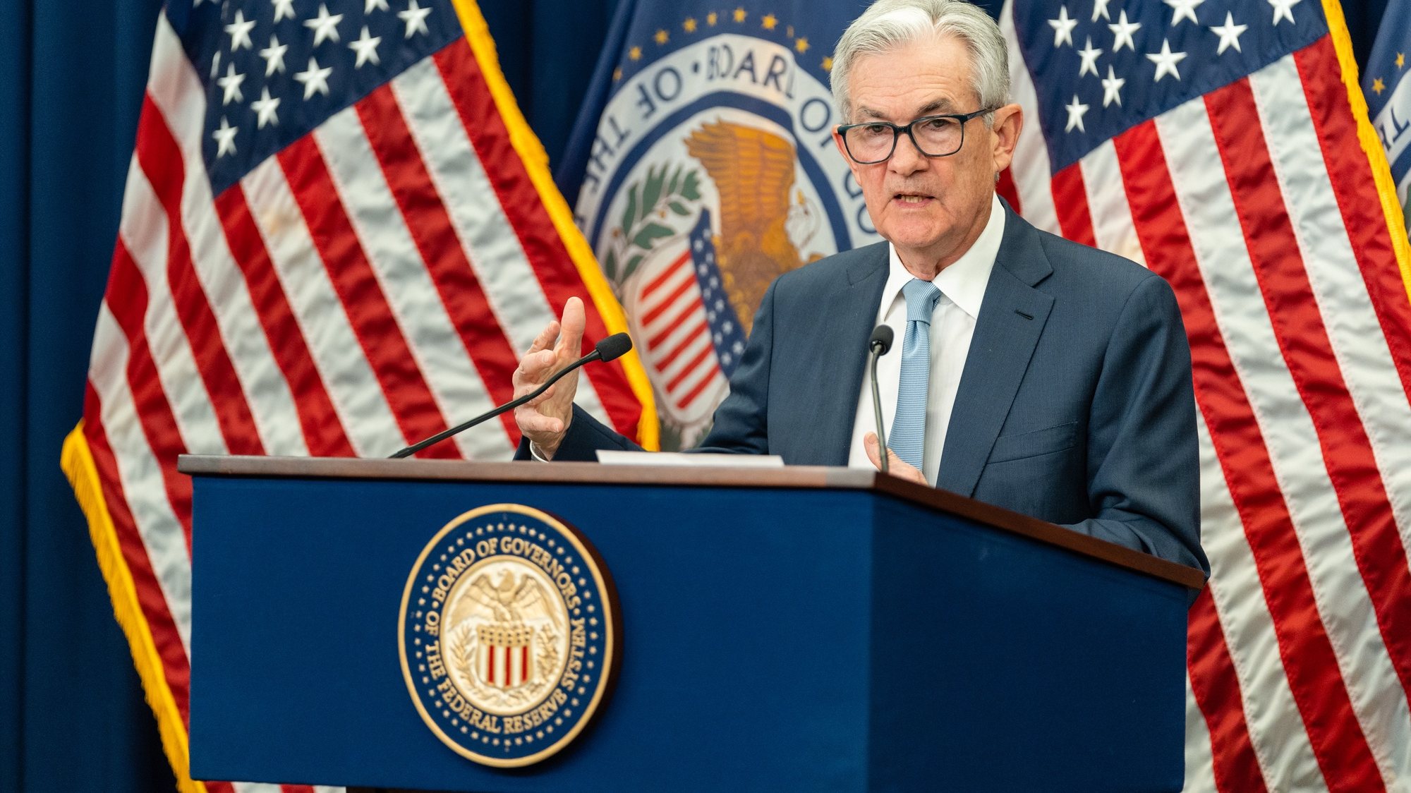 epa10366266 Chair of the Federal Reserve Jerome Powell speaks at a news conference at the William McChesney Martin Jr. Building in Washington, DC, USA, 14 December 2022. The US Federal Reserve announced plans to raise its benchmark interest rate half a percentage point, bringing the rate to highest level in 15 years as policy makers continue to try address inflation.  EPA/ERIC LEE