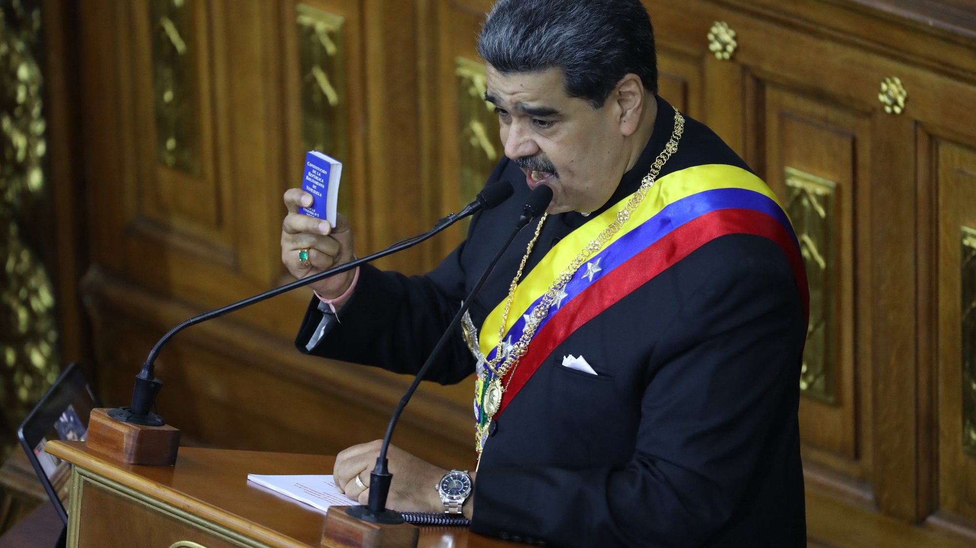 epa10402402 President of Venezuela, Nicolas Maduro, speaks before the National Assembly (AN), at Parliament in Caracas, Venezuela, 12 January 2023. Maduro appeared before Parliament with an overwhelming pro-government majority, to deliver the &#039;message to the nation&#039;, in compliance with the Venezuelan Constitution that obliges him to present this balance before the deputies, at least no later than 15 January of each year. Maduro reported on the management of his Government for the year 2022 in which announcements are expected on the course of the Bolivarian revolution by 2023.  EPA/Miguel Gutierrez
