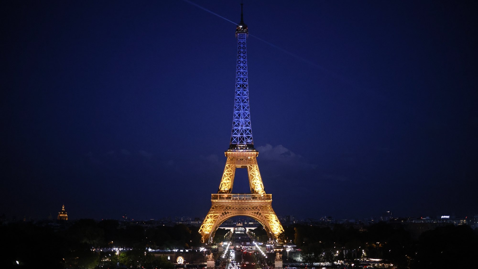 epa10818767 The Eiffel Tower is illuminated with the Ukrainian national colours to mark the National Day, in Paris, France, 24 August 2023. Today marks the 32nd anniversary of Ukraine&#039;s independence, proclaimed the 24 August 1991.  EPA/YOAN VALAT