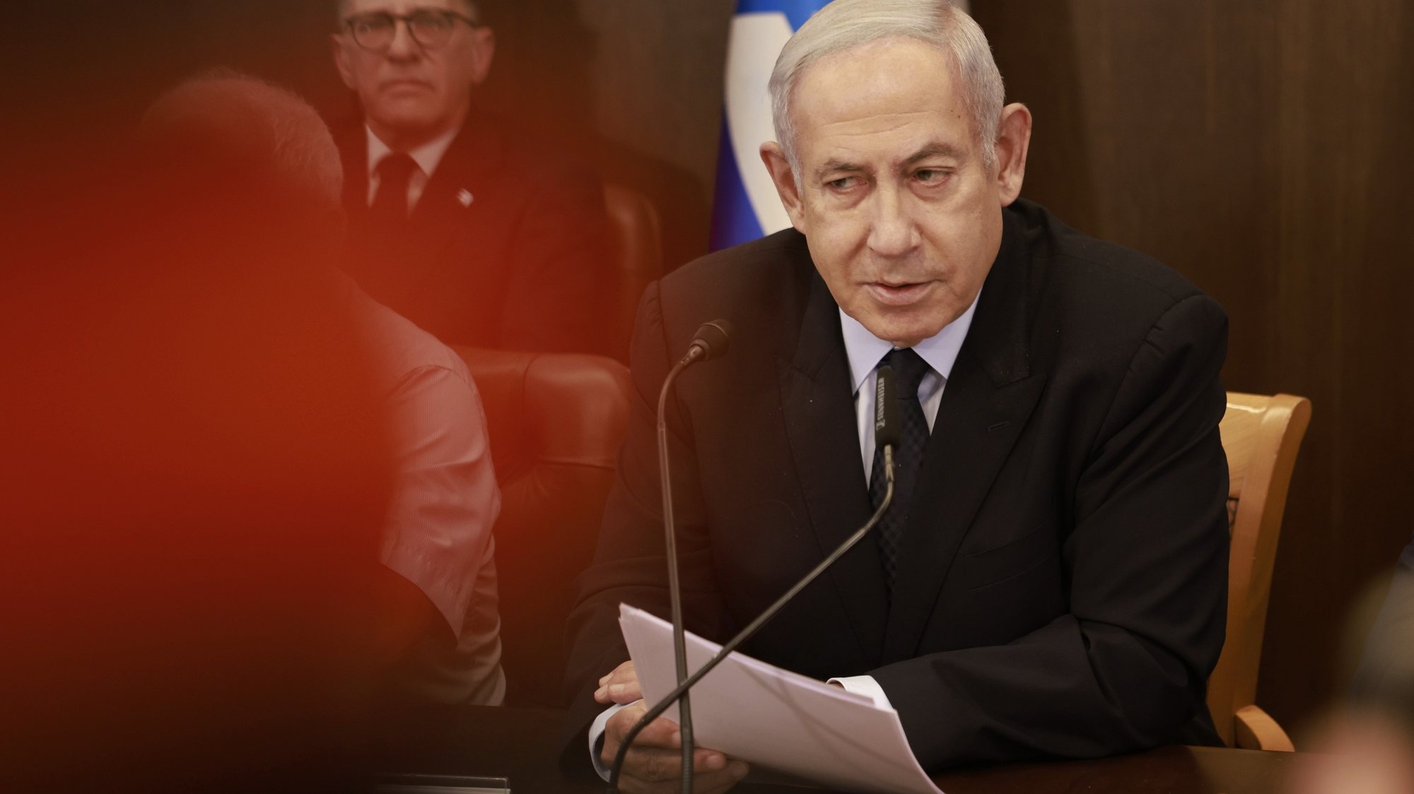 epa10822864 Israeli Prime Minister Benjamin Netanyahu chairs a weekly cabinet meeting in Jerusalem, 27 August 2023.  EPA/MENAHEM KAHANA / POOL
