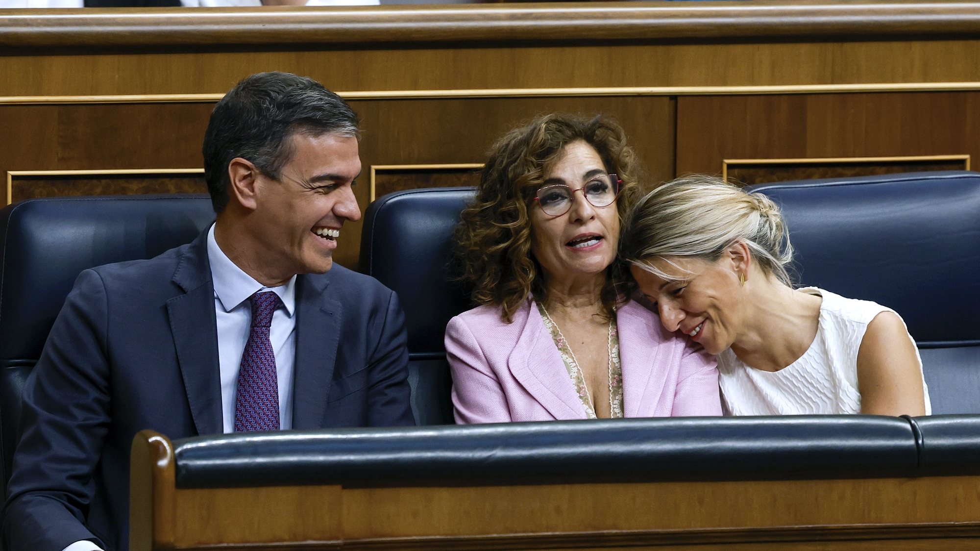 epa11378959 (L-R) Spanish Prime Minister Pedro Sanchez, First Deputy Prime Minister and Minister for Treasury Maria Jesus Montero, and Second Deputy Prime Minister and Minister of Labor Yolanda Diaz attend the debate on the so-called Amnesty Law that is expected to be approved at the Lower House in Madrid, Spain, 30 May 2024. The Amnesty Law is part of the deal struck by the Spanish Prime Minister&#039;s PSOE party to form a coalition Government with the support of Catalan and Basque pro-independent parties following the elections in July 2023. The bill would grant amnesty to people facing legal issues for involvement in Catalonia&#039;s failed 2017 independence bid.  EPA/JJ Guillen