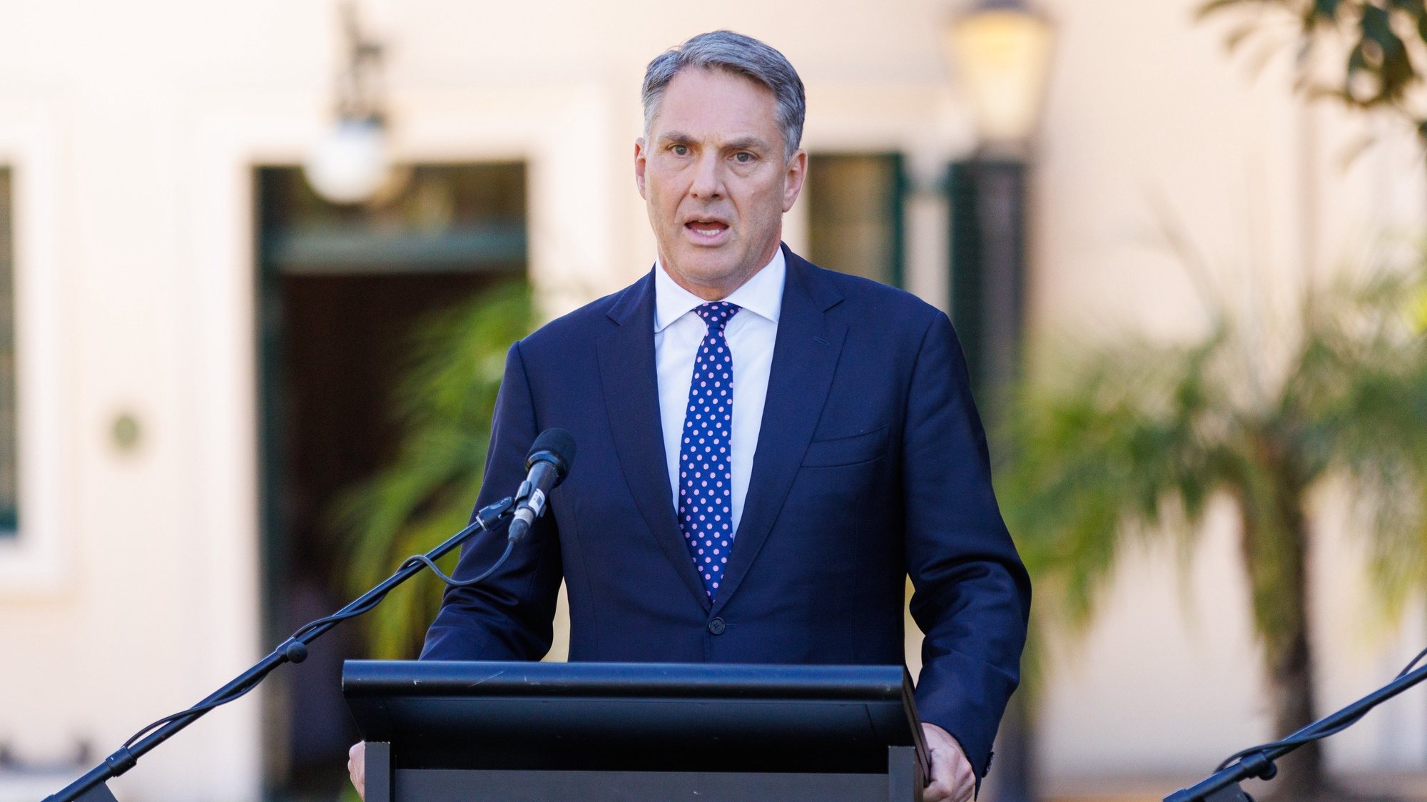 epa11235591 Australian Defence Minister Richard Marles speaks during the annual Australia-UK Ministerial Consultations (AUKMIN), at Government House in Adelaide, Australia, 22 March 2024.  EPA/MATT TURNER AUSTRALIA AND NEW ZEALAND OUT