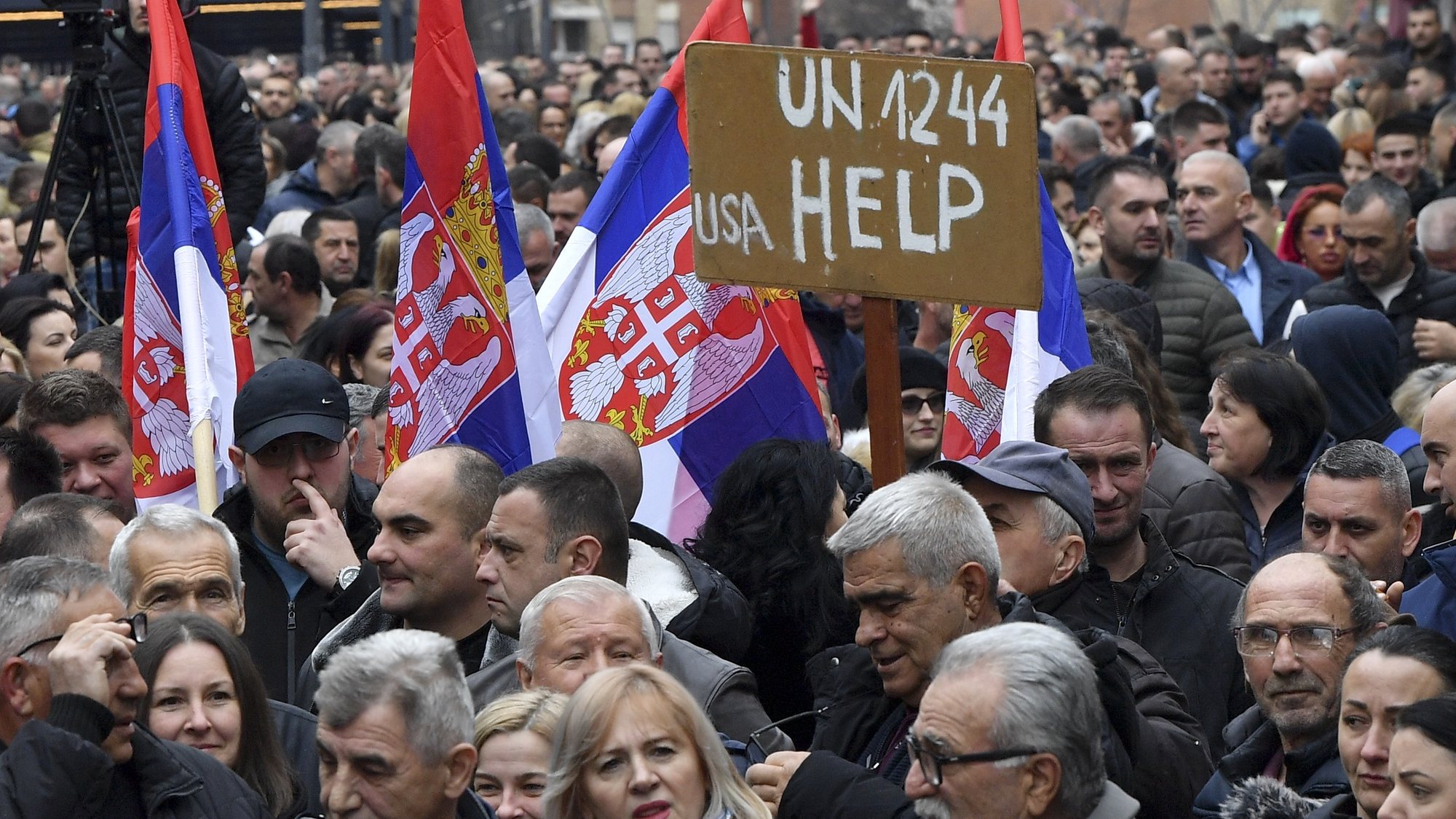 epa11147509 Ethnic Serbs take part in a protest against Kosovo&#039;s Central Bank decision to enforce Euro-only cash transactions, in North Mitrovica, Kosovo, 12 February 2024. The Central Bank&#039;s ordinance indicates that the euro is the only means of payment in Kosovo and that, in this regard, every transaction should be in euros as the only official currency in Kosovo. Kosovo Serbs see the mandate as an attempt to cut off payments such as pensions, tuition, and salaries made by the Republic of Serbia in Serbian currency, the dinar.  EPA/GEORGI LICOVSKI