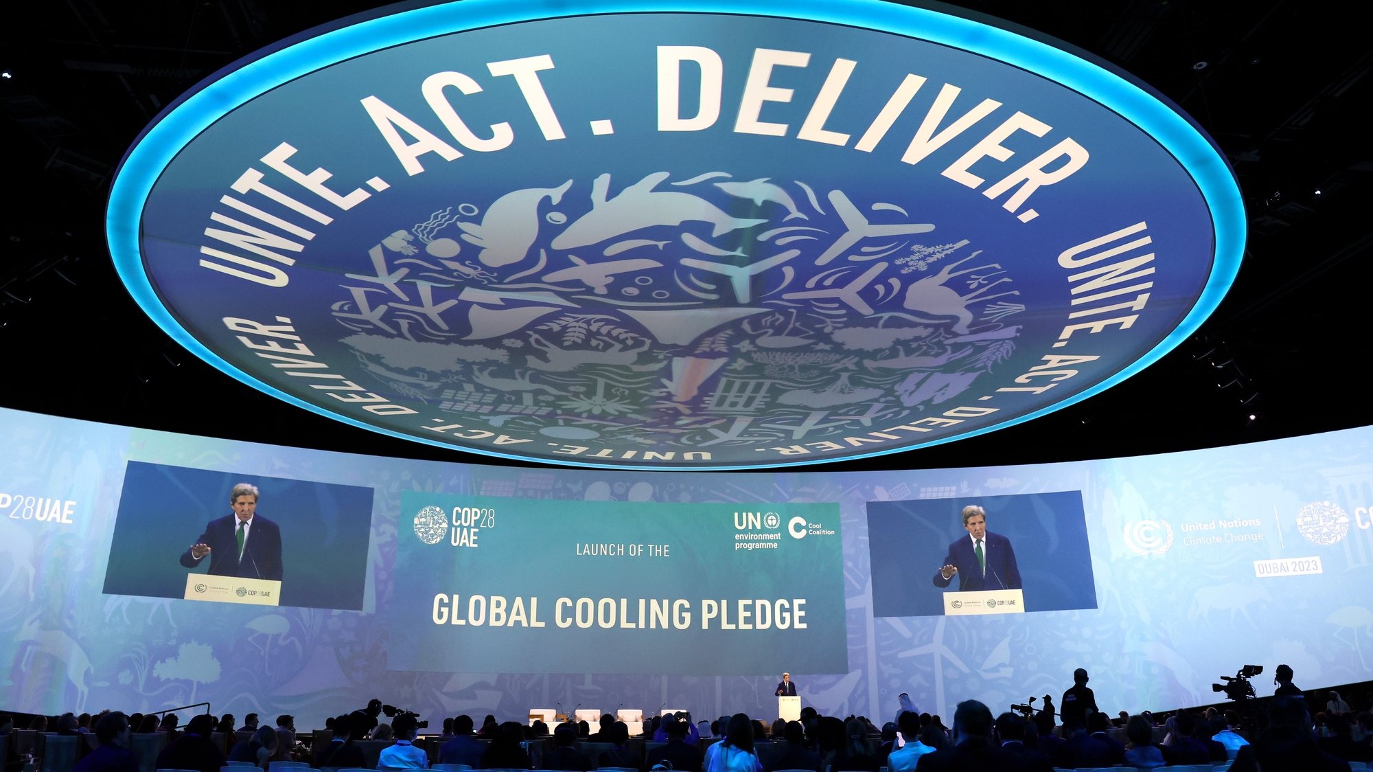 epa11012039 US Special Presidential Envoy for Climate John Kerry delivers a speech during the launch of Global Cooling Pledge session at the 2023 United Nations Climate Change Conference (COP28) at Expo City Dubai in Dubai, UAE, 05 December 2023. The 2023 United Nations Climate Change Conference (COP28), runs from 30 November to 12 December, and is expected to host one of the largest number of participants in the annual global climate conference as over 70,000 estimated attendees, including the member states of the UN Framework Convention on Climate Change (UNFCCC), business leaders, young people, climate scientists, Indigenous Peoples and other relevant stakeholders will attend.  EPA/ALI HAIDER