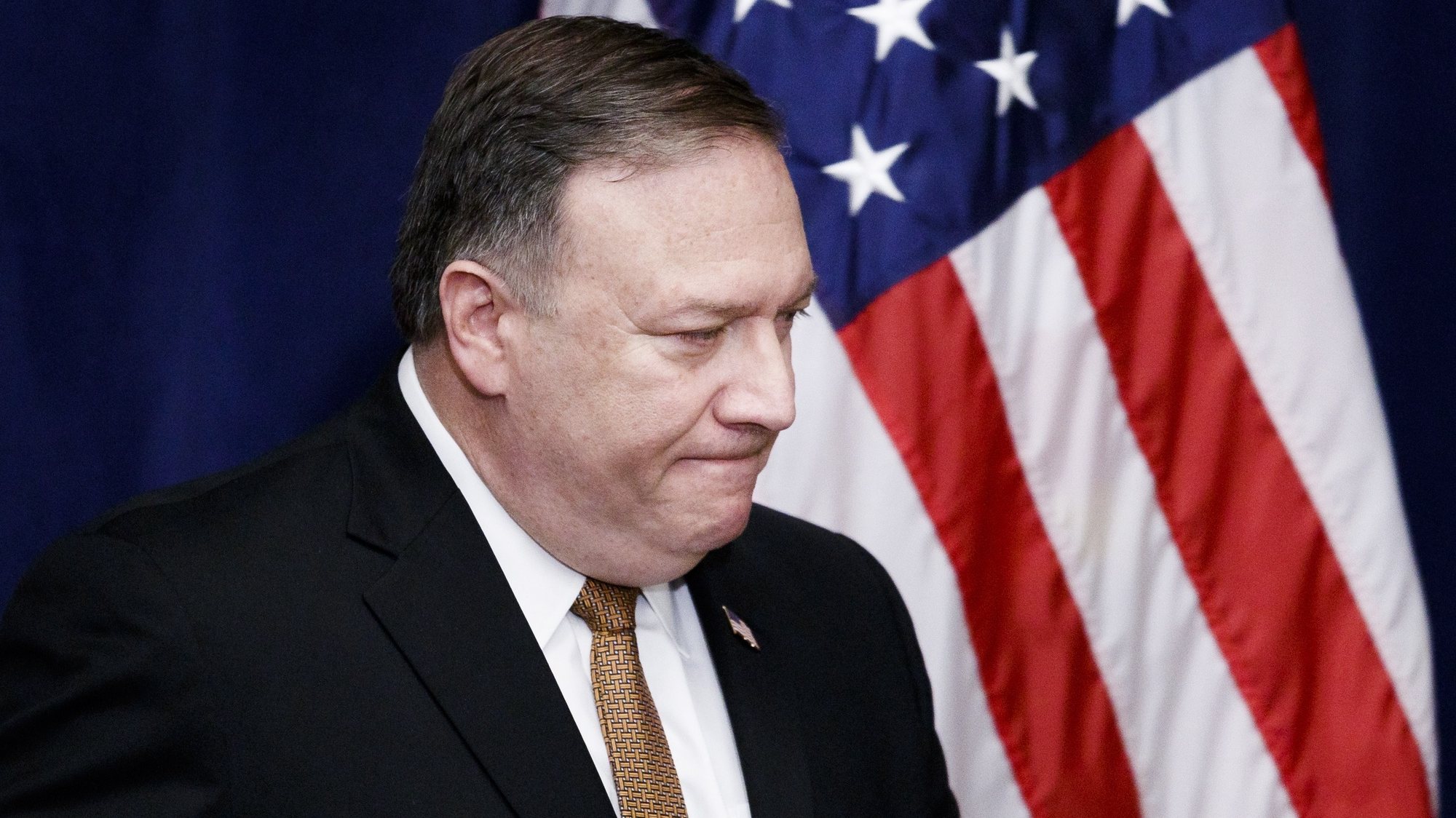 epa08933377 (FILE) - US Secretary of State Mike Pompeo leaves a press conference following a meeting with a North Korean official in New York, USA, 31 May 2018 (reissued 12 January 2021). The US State Department on 12 January 2021 announced that State Secretary Mike Pompeo&#039;s trip to Belgium has been cancelled. The trip was scheduled for 13-14 January.  EPA/JUSTIN LANE *** Local Caption *** 54375281