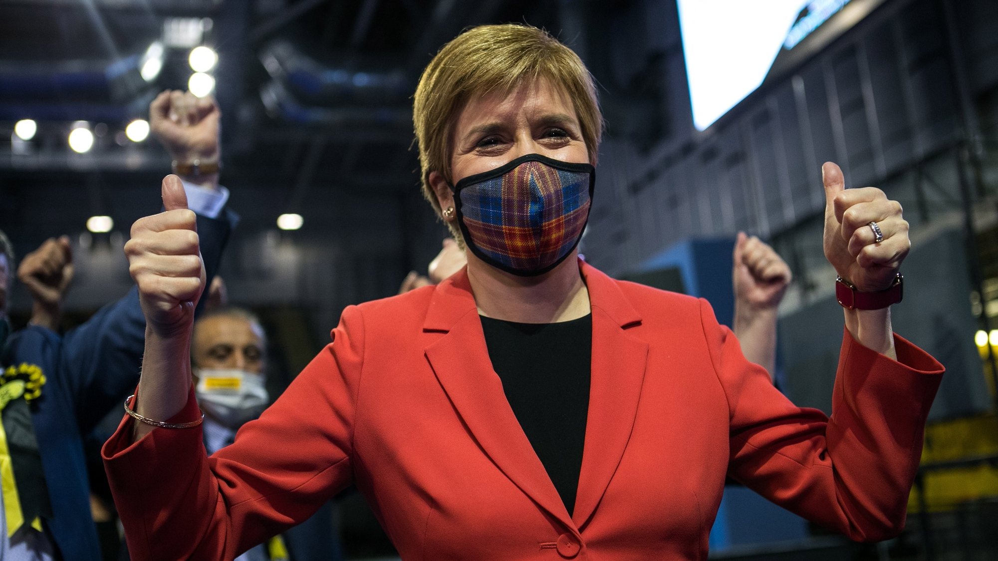 epa09183767 Scotland&#039;s First Minister and leader of the Scottish National Party (SNP), Nicola Sturgeon celebrates being declared the winner of the Glasgow Southside seat at Glasgow counting centre in the Emirates Arena in Glasgow, Britain 07 May 2021. People in Scotland headed to the polls on 06 May to elect 129 members of the Scottish Parliament. The vote count began on 07 May and the final results are expected to be announced on 08 May.  EPA/ROBERT PERRY
