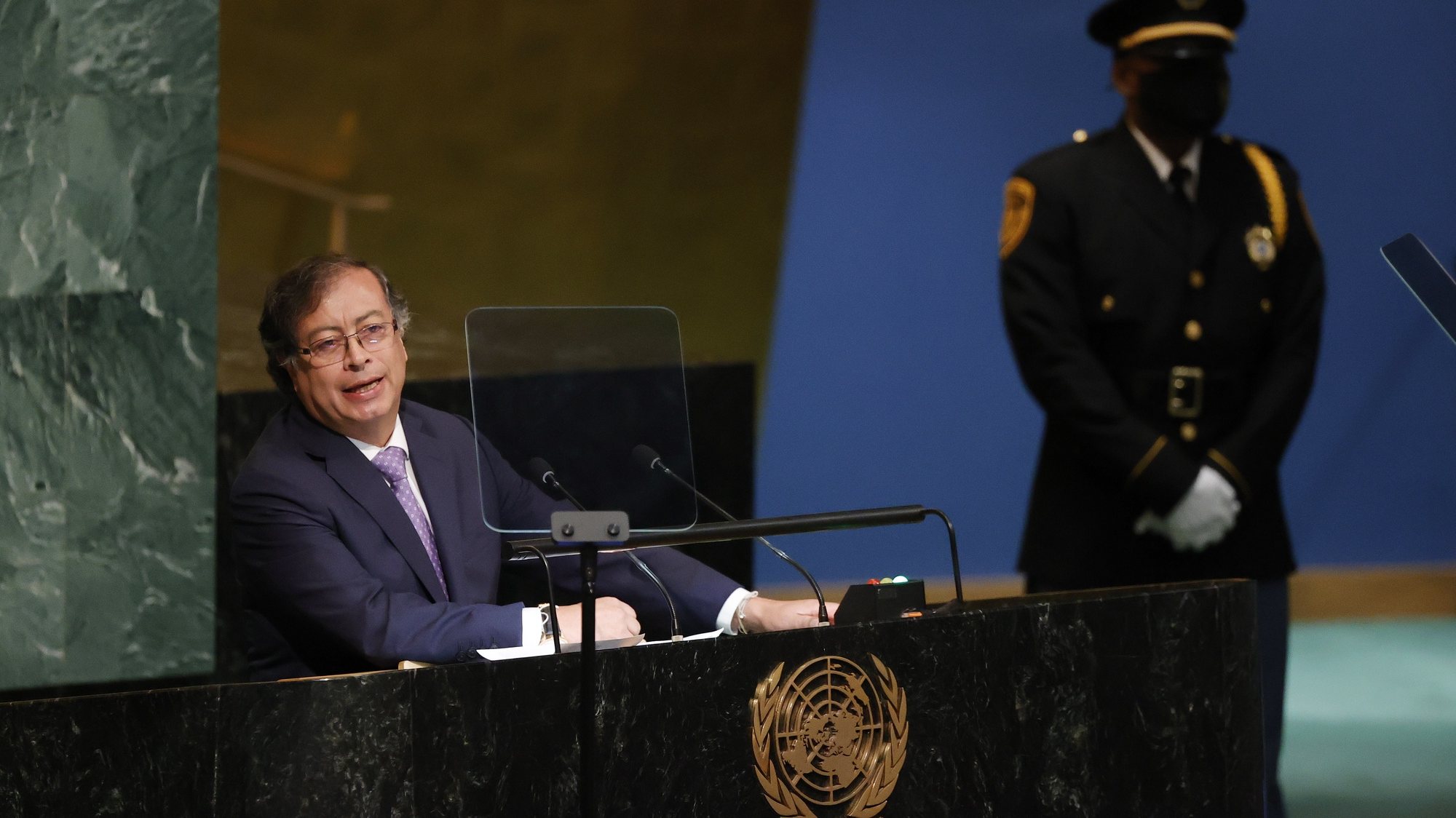 epa10195367 Colombian President Gustavo Petro Urrego delivers his address during the 77th General Debate inside the General Assembly Hall at United Nations Headquarters in New York, New York, USA, 20 September 2022.  EPA/JASON SZENES