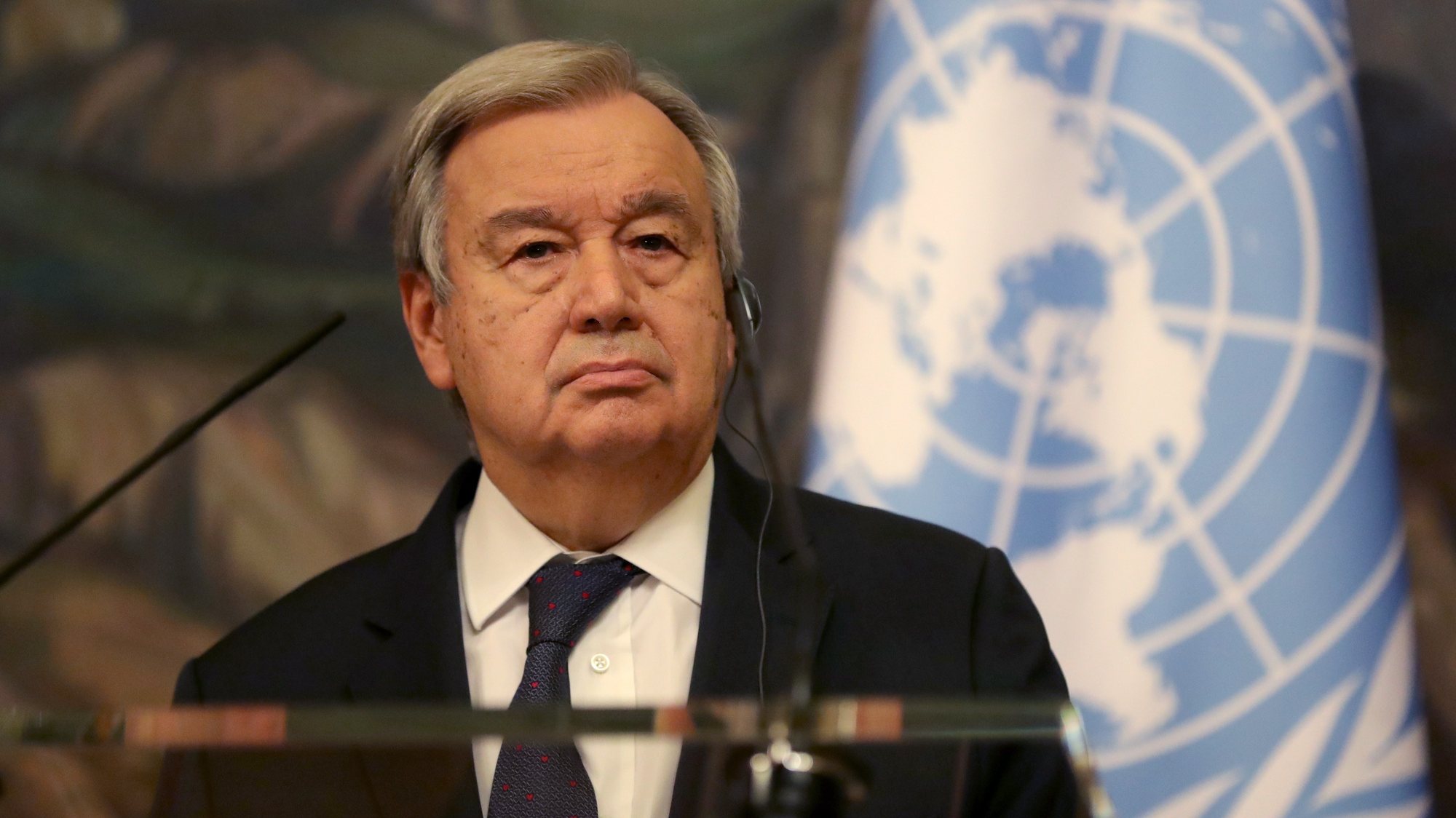 epa09909895 UN Secretary-General Antonio Guterres attends a press conference after his meeting with Russian Foreign Minister Lavrov in Moscow, Russia, 26 April 2022. The UN Secretary-General is on a working visit to Moscow.  EPA/MAXIM SHIPENKOV / POOL