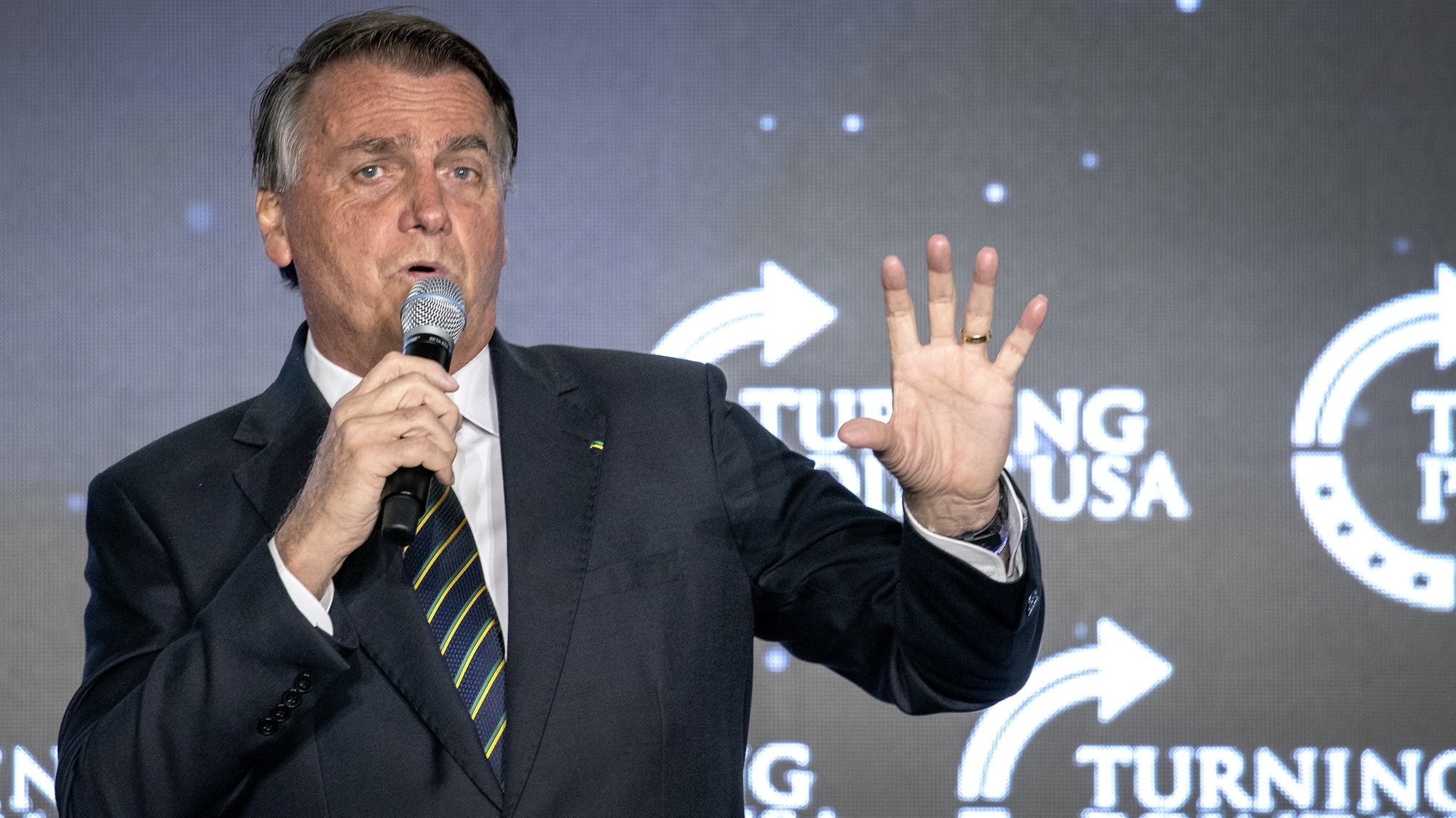 epa10446295 Former Brazil President Jair Bolsonaro attends the &#039;Power of the People&#039; event at the Trump National Doral Miami, in Miami, Florida, USA, 03 February 2023. The event was hosted by Turning Point USA, a non-profit organization founded in 2012. According to the event organizers, it was Bolsonaro&#039;s first public event following the recent Brazilian elections.  EPA/CRISTOBAL HERRERA-ULASHKEVICH