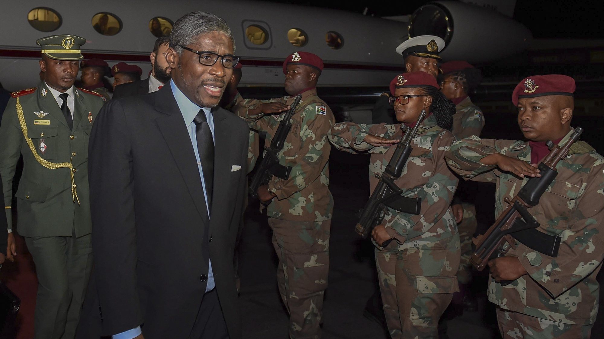epa07598536 A handout photo made available by the South African government&#039;s Department of International Relations and Cooperationâ€™s (DIRCO) shows Equatorial Guinea Vice-President Teodoro Nguema Obiang (L) arriving at Lanseria International Airport in Johannesburg, South Africa 24 May 2019.Angolan President Joao Lourenco is in South Africa to attend the inauguration ceremony for South African president Cyril Ramaphosa at Loftus Versveld Stadium in Pretoria on 25 May 2019.  EPA/Katlholo Maifadi/DIRCO/RSA /HANDO  HANDOUT EDITORIAL USE ONLY/NO SALES