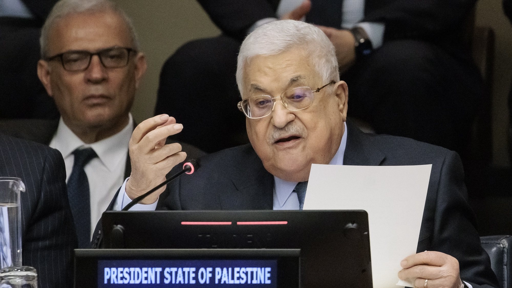 epa10629774 Palestine&#039;s President Mahmoud Abbas (C) speaks during a meeting marking the 75th observation by Palestine of Nakba held by the United Nations&#039; Committee on the Exercise of the Inalienable Rights of the Palestinian People at United Nations headquarters in New York, New York, USA, 15 May 2023. Nakba, which is being observed at the UN for the first time today, is marked annually by Palestinians to commemorate the mass displacement of Palestinians that followed the 15 May 1948 establishment of Israel.  EPA/JUSTIN LANE