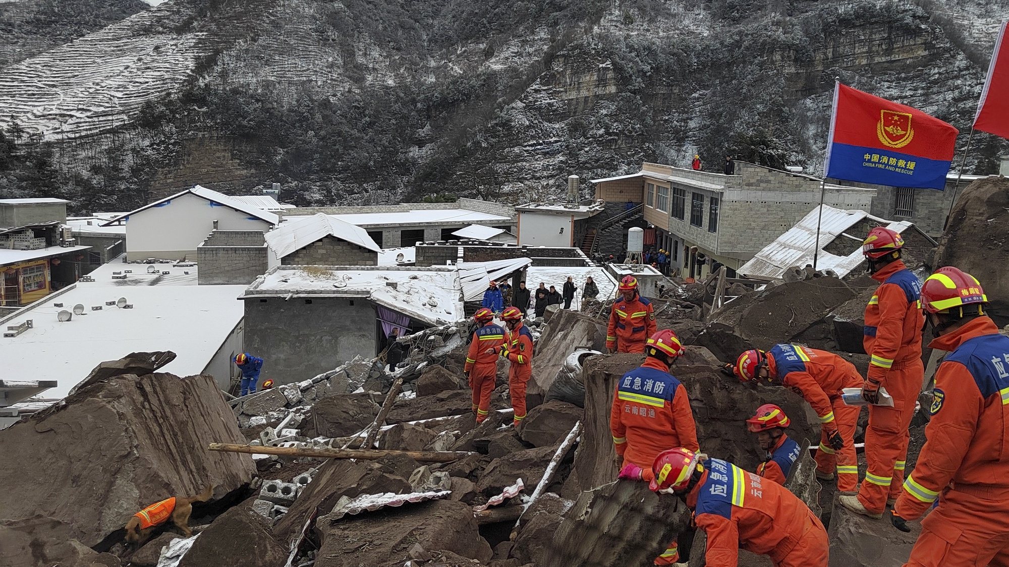 epa11095405 Rescuers work at the site of a landslide in Liangshui Village, Tangfang Town in the city of Zhaotong, Yunnan Province, China, 22 January 2024. A total of 47 people were buried in a landslide that struck southwest China&#039;s Yunnan Province early 22 January. More than 200 rescuers together with 33 firefighting vehicles and 10 loading machines were combing the debris to search for the missing, after the disaster happened in Liangshui Village, Tangfang Town in the city of Zhaotong at 5:51 a.m. on 22 January. The buried villagers were from 18 households, according to the headquarters for the disaster relief. More than 200 residents were evacuated as the provincial commission for disaster reduction activated a Level-III emergency response for disaster relief.  EPA/XINHUA / ZHOU LEI CHINA OUT / UK AND IRELAND OUT  /       MANDATORY CREDIT  EDITORIAL USE ONLY  EDITORIAL USE ONLY