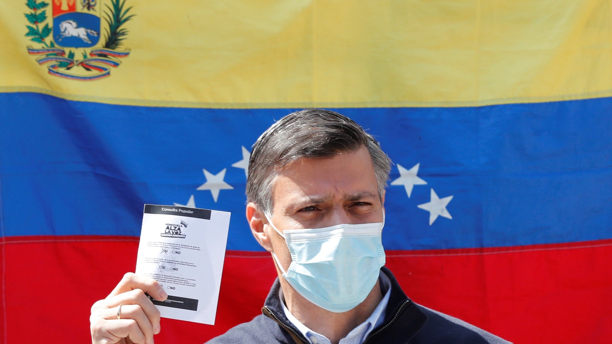 epa08879778 Venezuelan opposition leader Leopoldo Lopez votes in the popular consultation promoted by the president of the Parliament of Venezuela and opposition leader, Juan Guaido, from the Plaza de Bolivar in Bogota, Colombia, 12 December 2020. Lopez, who is visiting Colombia is seeking to strengthen the international front against Nicolas Maduro, voted in the opposition poll in rejection of the last legislative elections in Venezuela. The voting began on 07 December virtually through two applications, Voatz and Telegram, a format that remains open until the end of 12 December.  EPA/MAURICIO DUENAS CASTANEDA