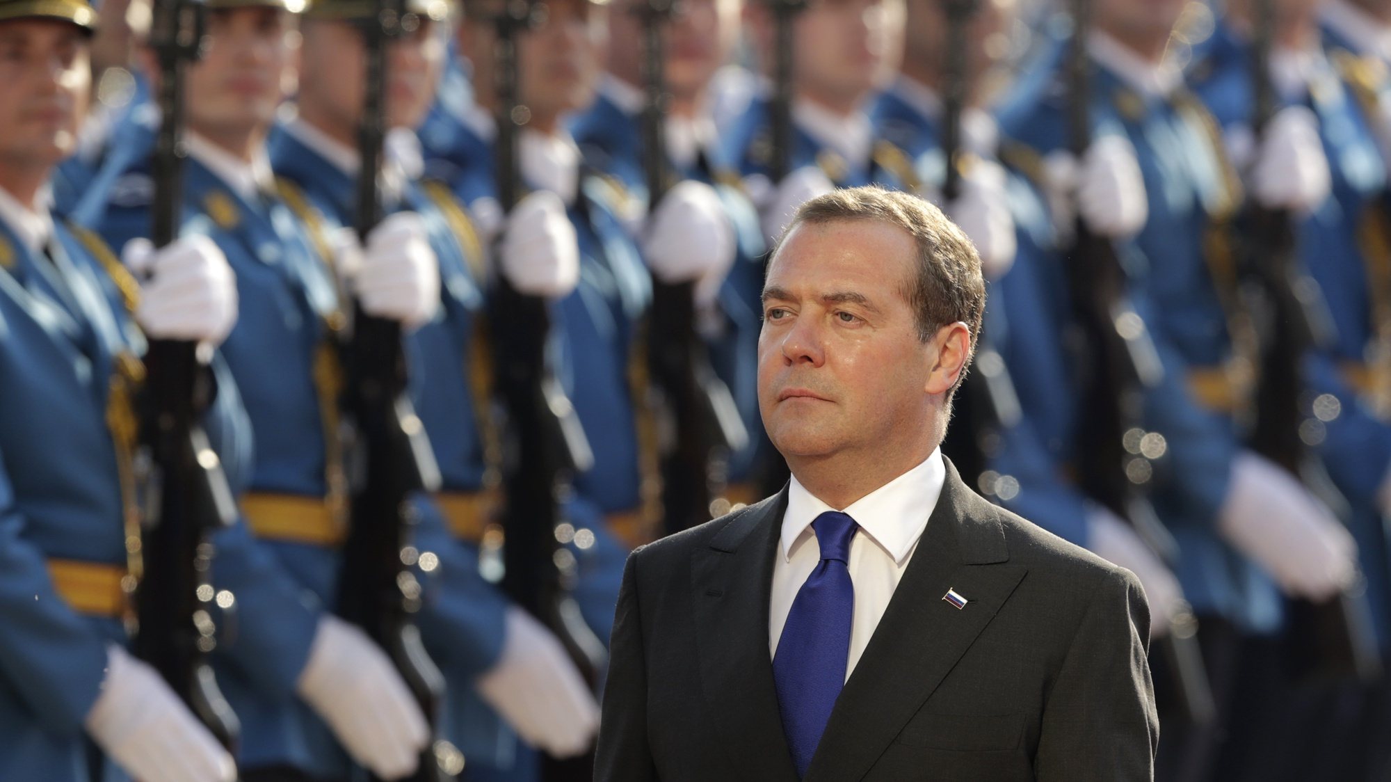 epa07933438 Russian Prime Minister Dimitri Medvedev inspects the guard of honour with Serbian Prime minister Ana Brnabic (not pictured) in Belgrade, Serbia, 19 October 2019. Medvedev is meeting Serbian top officials to discuss Russian-Serbian trade, economic, cultural and humanitarian relations.  EPA/ANDREJ CUKIC