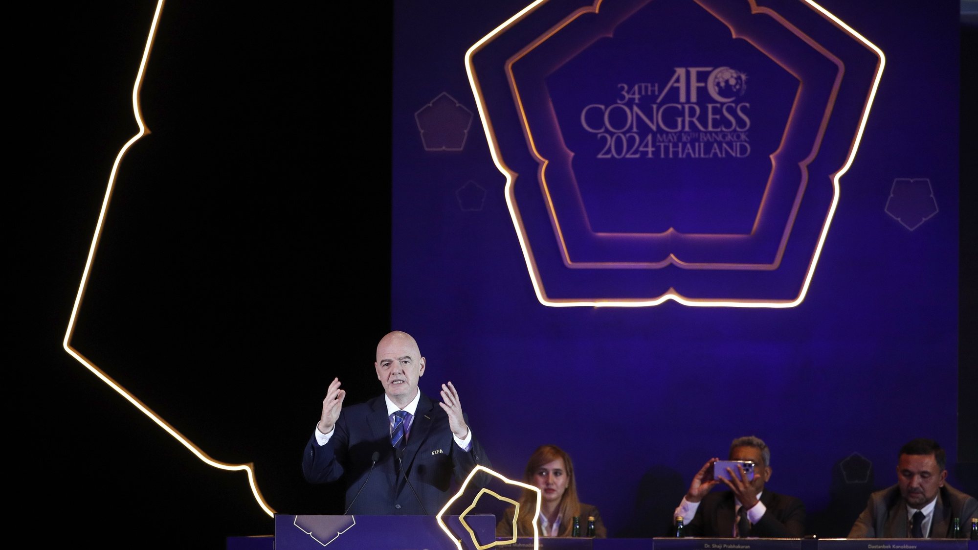 epa11343812 FIFA President Gianni Infantino delivers a speech during the 34th Congress of the Asian Football Confederation (AFC) in Bangkok, Thailand, 16 May 2024. The Asian Football Confederation (AFC) held its 34th Congress in Bangkok to elect two new members for two positions, Female Executive Committee Member Central Zone and AFC Executive Committee Member East Zone to the AFC Executive Committee, for the remainder of 2023 to 2027 term.  EPA/RUNGROJ YONGRIT