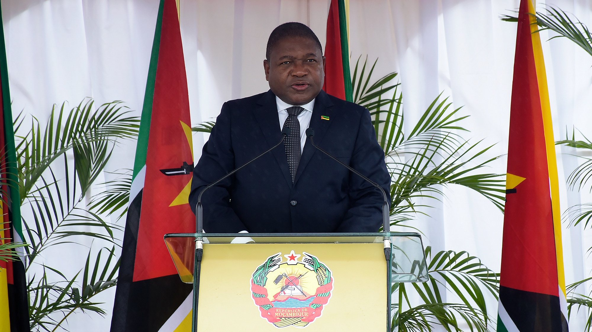 O Presidente da República de Moçambique, Filipe Nyusi, discursa durante as cerimónias de comemoração do Dia dos Heróis Nacionais, em Maputo, Moçambique, 03 de fevereiro 2021. PRESIDÊNCIA DA REPÚBLICA DE MOÇAMBIQUE/LUSA