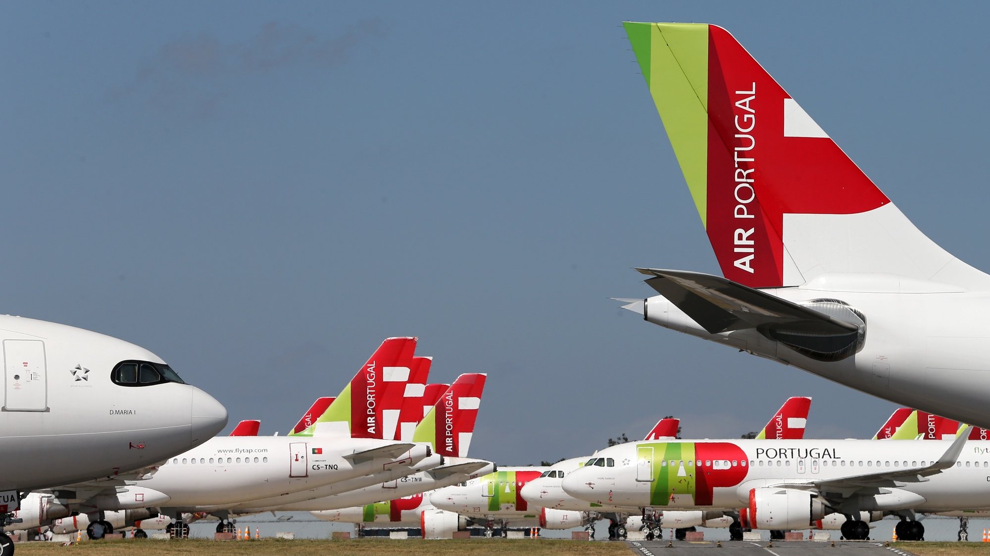 File photo dated from 09 April 2020 of TAP Air Portugal aircraft grounded at Humberto Delgado airport closed for passenger traffic as part of the exceptional traffic measures to combat the epidemiological situation of Covid-19, in Lisbon, Portugal, 09 April 2020 (reissued 02 July 2020). The granting of state support to TAP has been under discussion since the airline&#039;s activity came to a standstill because of the coronavirus pandemic, with an agreed injection of up to 1,200 million euros. MARIO CRUZ/LUSA