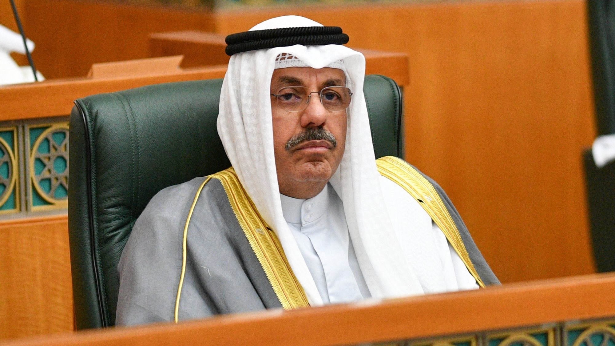 epa10264860 Kuwait Prime Minister Sheikh Ahmad Nawaf Al-Ahmad Al-Sabah attends the Kuwait parliament special session at the National Assembly Hall in Kuwait City, Kuwait, 25 October 2022. Kuwait National Assembly held a special session on 25 October to discuss a number of bills related to budgets of ministries, government departments, and independent bodies for the fiscal year 2022-23.  EPA/NOUFAL IBRAHIM