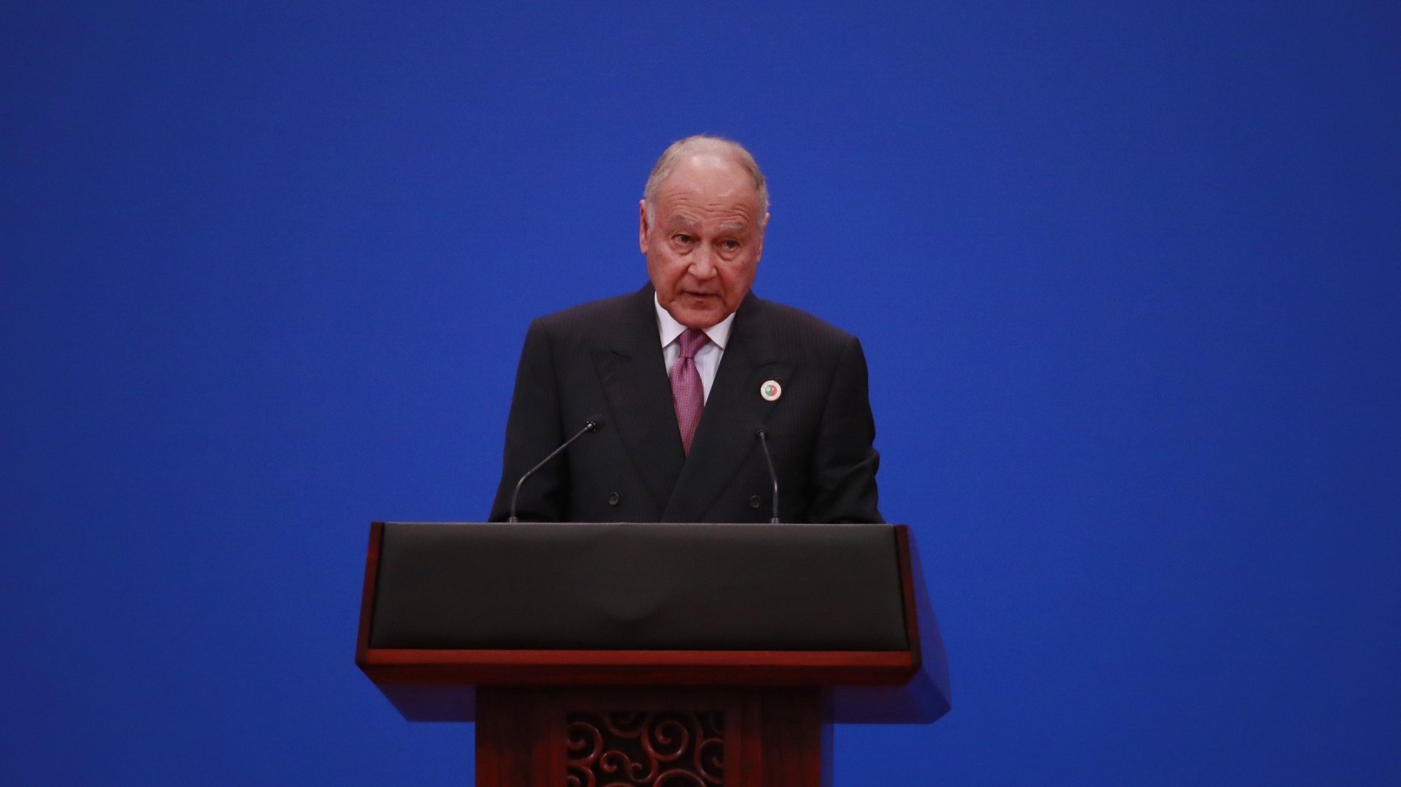 epa06877020 Arab League Secretary-General Ahmed Abul Gheit delivers his speech during the 8th Ministerial Meeting of China-Arab States Cooperation Forum (CASCF) at the Great Hall of the People (GHOP) Beijing, China, 10 July 2018. According to reports, China and Arab states are expected to hold discussions on how to bilaterally advance the Belt and Road Initiative.  EPA/HOW HWEE YOUNG