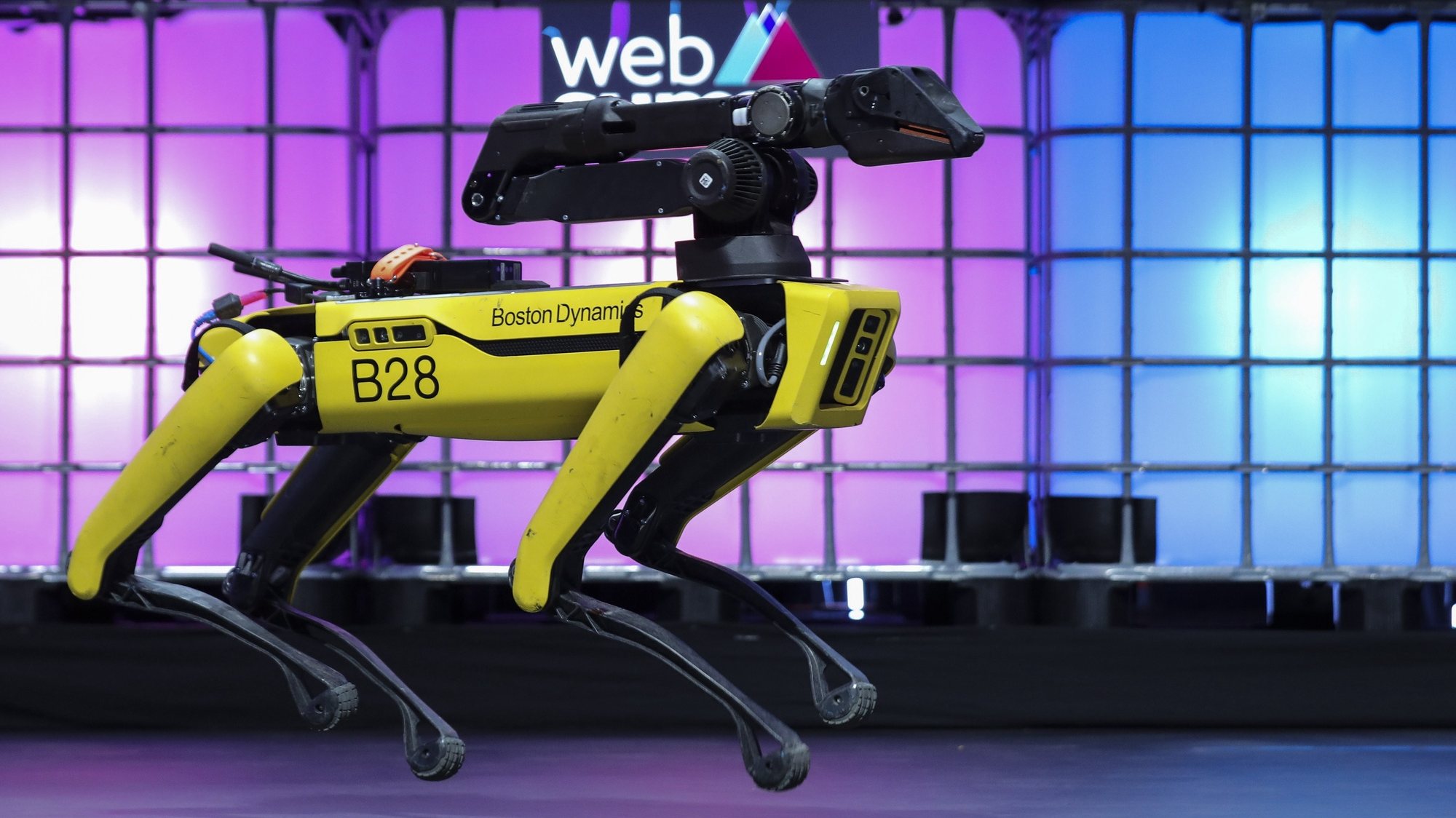 epa07978866 Spot, a quadruped robot by Boston Dynamics, is presented during the 2019 Web Summit at Atlantic Pavilion in Lisbon, Portugal, 07 November 2019. The 2019 Web Summit, considered the largest event of startups and technological entrepreneur ship in the world takes place from 04 to 07 November.  EPA/MIGUEL A. LOPES