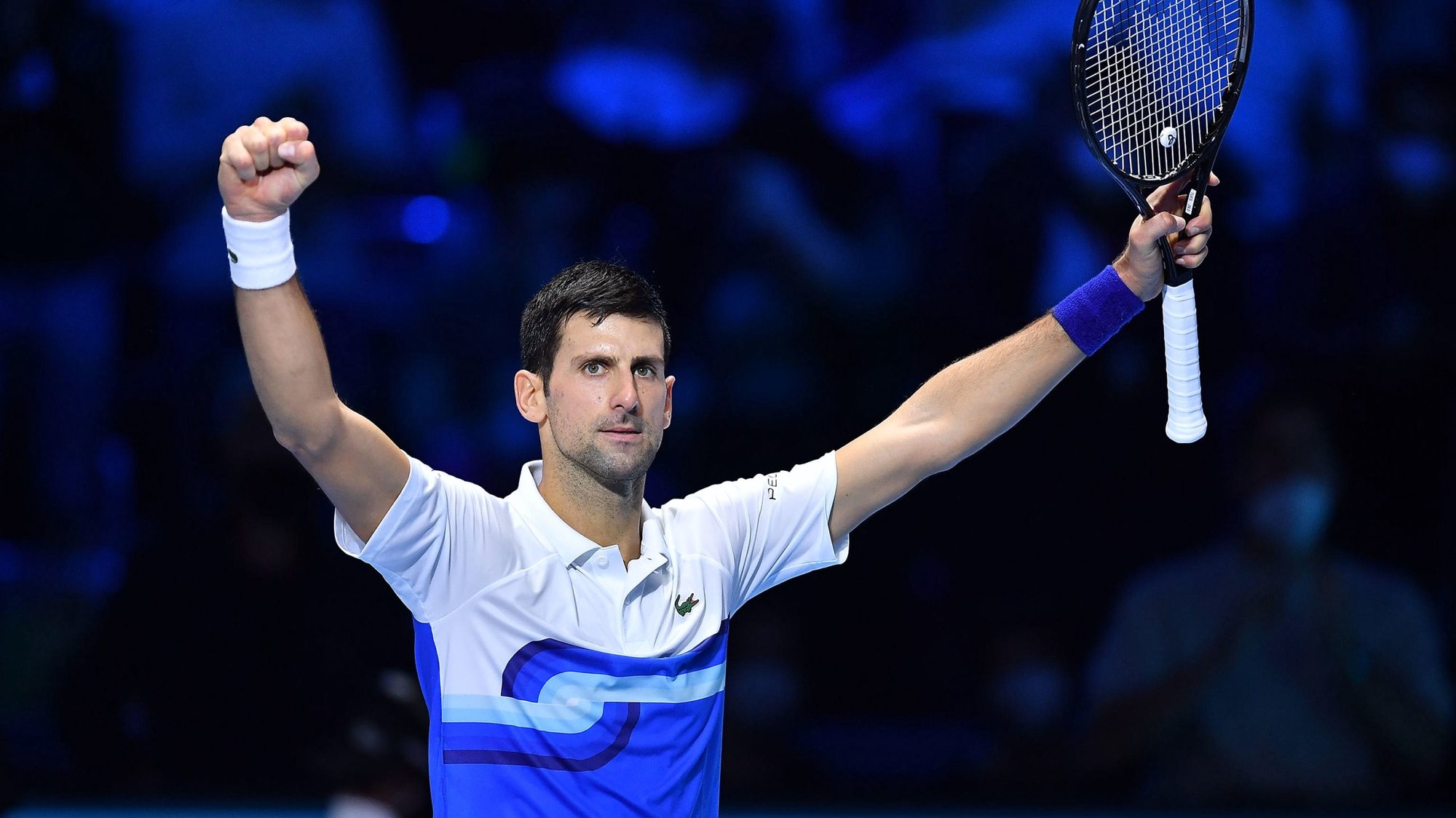 epa09587409 Novak Djokovic of Serbia celebrates after defeating Andrey Rublev of Russia in their group stage match of the Nitto ATP Finals tennis tournament in Turin, Italy, 17 November 2021.  EPA/Alessandro Di Marco