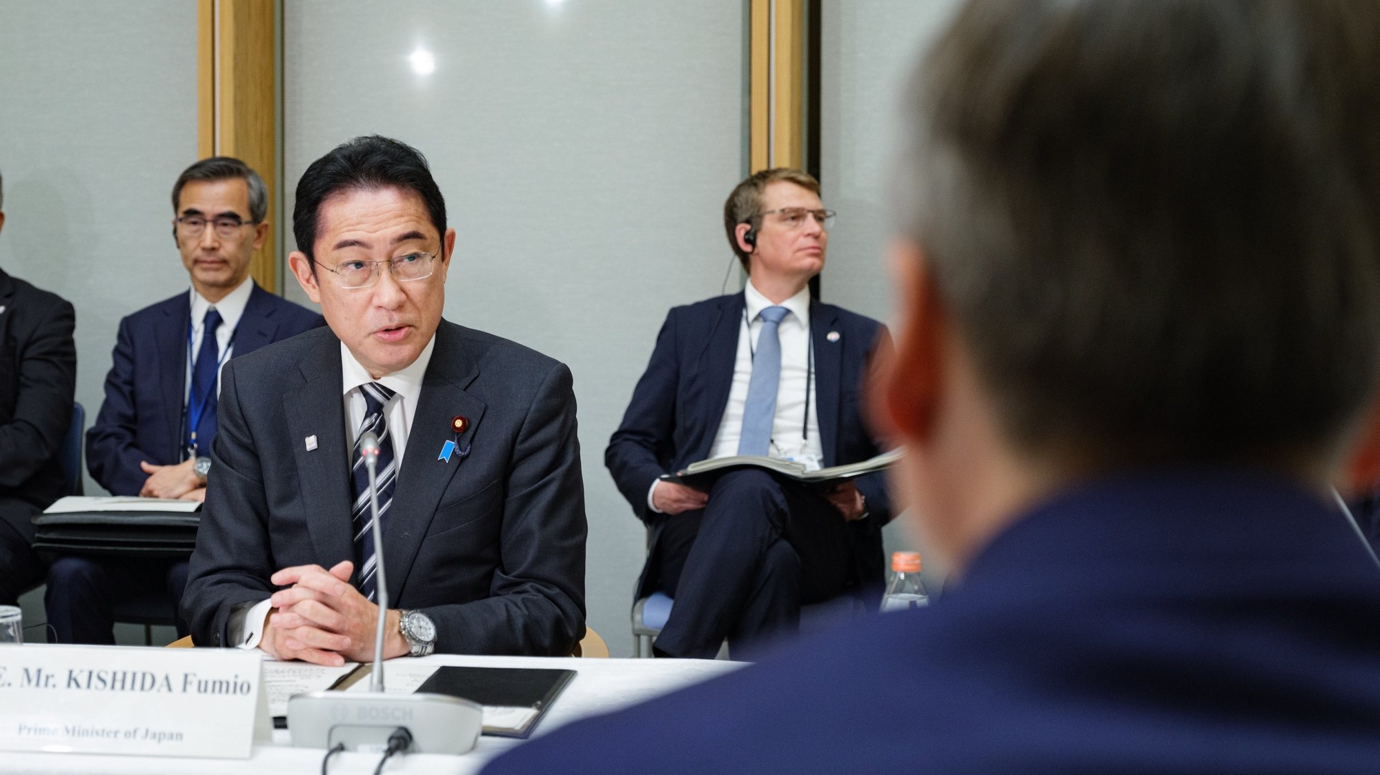 epa10529650 Japan&#039;s Prime Minister Fumio Kishida attends a meeting with business partners from Germany and Japan during the Germany-Japan Summit at prime minister&#039;s official residence in Tokyo, Japan, 18 March 2023.  EPA/NICOLAS DATICHE / POOL