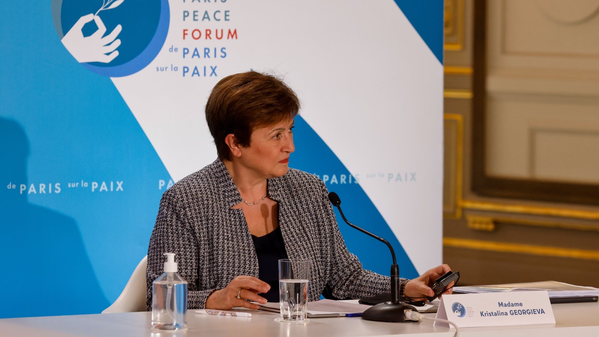 epa08815835 International Monetary Fund Managing Director Kristalina Georgieva attends The Paris Peace Forum at The Elysee Palace in Paris, France, 12 November 2020. Organisers of the French Paris Peace Forum say several countries and foundations are set to pledge more than 500 million US dollars for a global pool aimed at ensuring equitable access to coronavirus tests, treatment and vaccines for all nations.  EPA/LUDOVIC MARIN / POOL  MAXPPP OUT