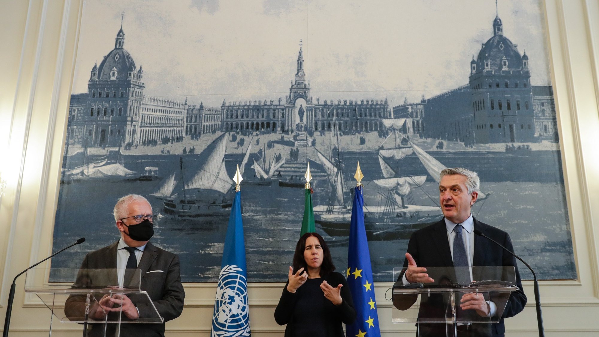 Portuguese Home Affairs Minister, Eduardo Cabrita (L), talking to the press with United Nations High Commissioner for Refugees(ACNUR), Filippo Grandi (R), after their meting at the ministry headquarters in downtown Lisbon, 12th january 2021. TIAGO PETINGA/LUSA