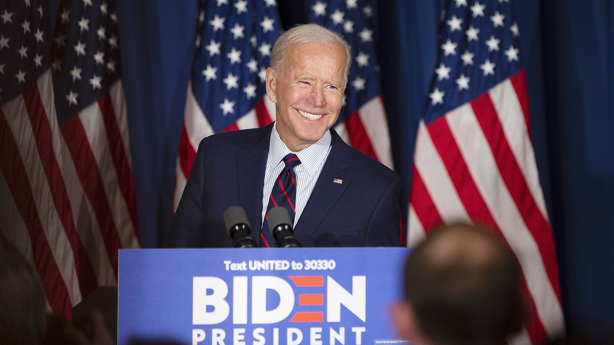 epa08802769 (FILE) - Democratic candidate for United States President, Former Vice President Joe Biden, smiles as he prepares to make a speech during a campaign stop at the Governor&#039;s Inn in Rochester, New Hampshire, USA, 09 October 2019 (reissued 06 November 2020). According to media reports citing election officials, Biden has taken the lead in Pennsylvania. An official win of the state would push Biden over the 270 electoral votes necessary to become the 46th President of the United States. *** Local Caption *** 55537332  EPA/CJ GUNTHER *** Local Caption *** 55537332