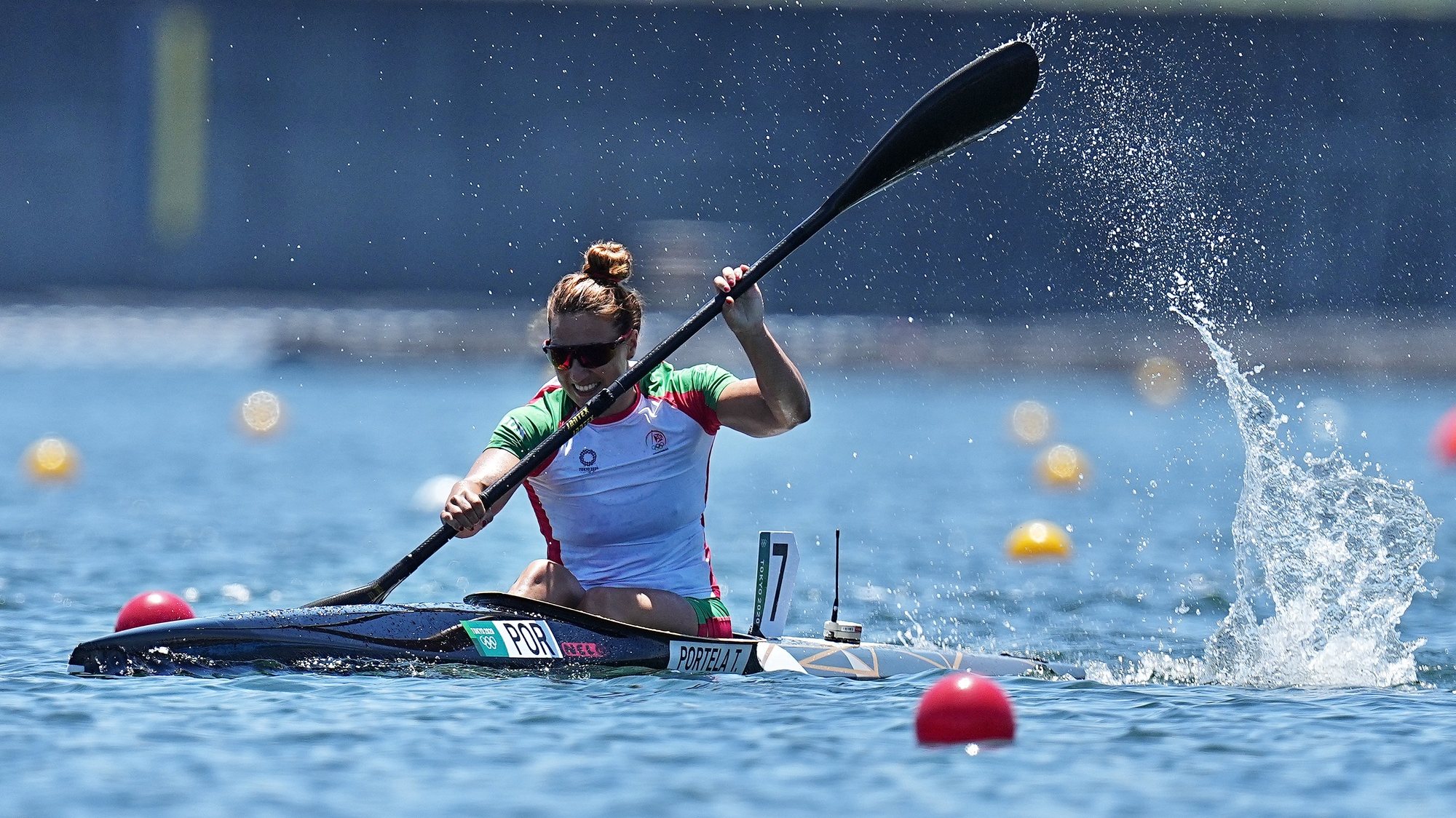 epa09396562 Portuguese Teresa Portela competes in the Women&#039;s Kayak Single 500m during the Canoeing Sprint events of the Tokyo 2020 Olympic Games at the Sea Forest Waterway in Tokyo, Japan, 05 August 2021.  EPA/NIC BOTHMA