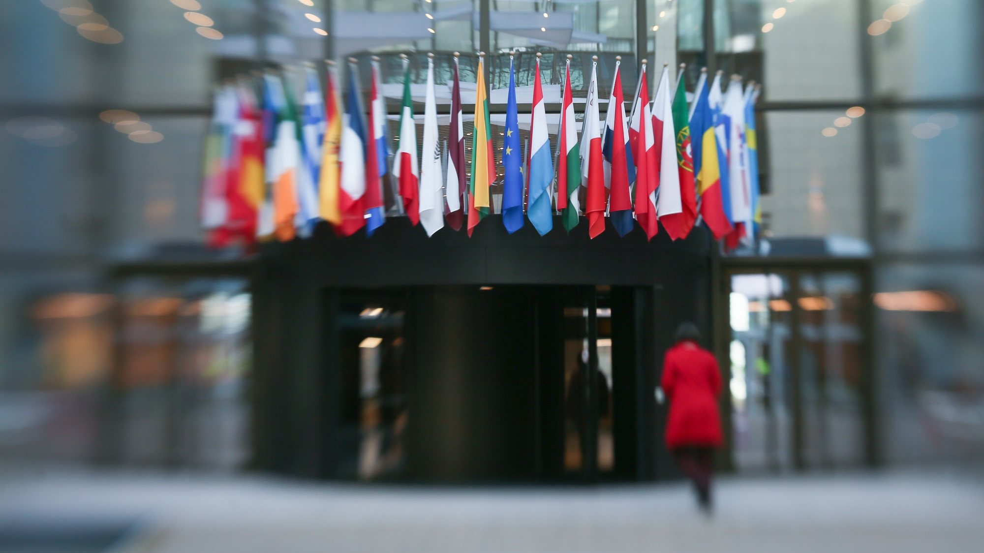 epa08411542 (FILE) Photo made with a tilt-shift lens shows the flags of the European Union (EU) member states at the entrance of the Council building in Brussels, Belgium. European Union celebrates the &#039;Day of Europe&#039; on 09 May, intoduced by the Council of Europe in 1964.  EPA/OLIVIER HOSLET *** Local Caption *** 53393544