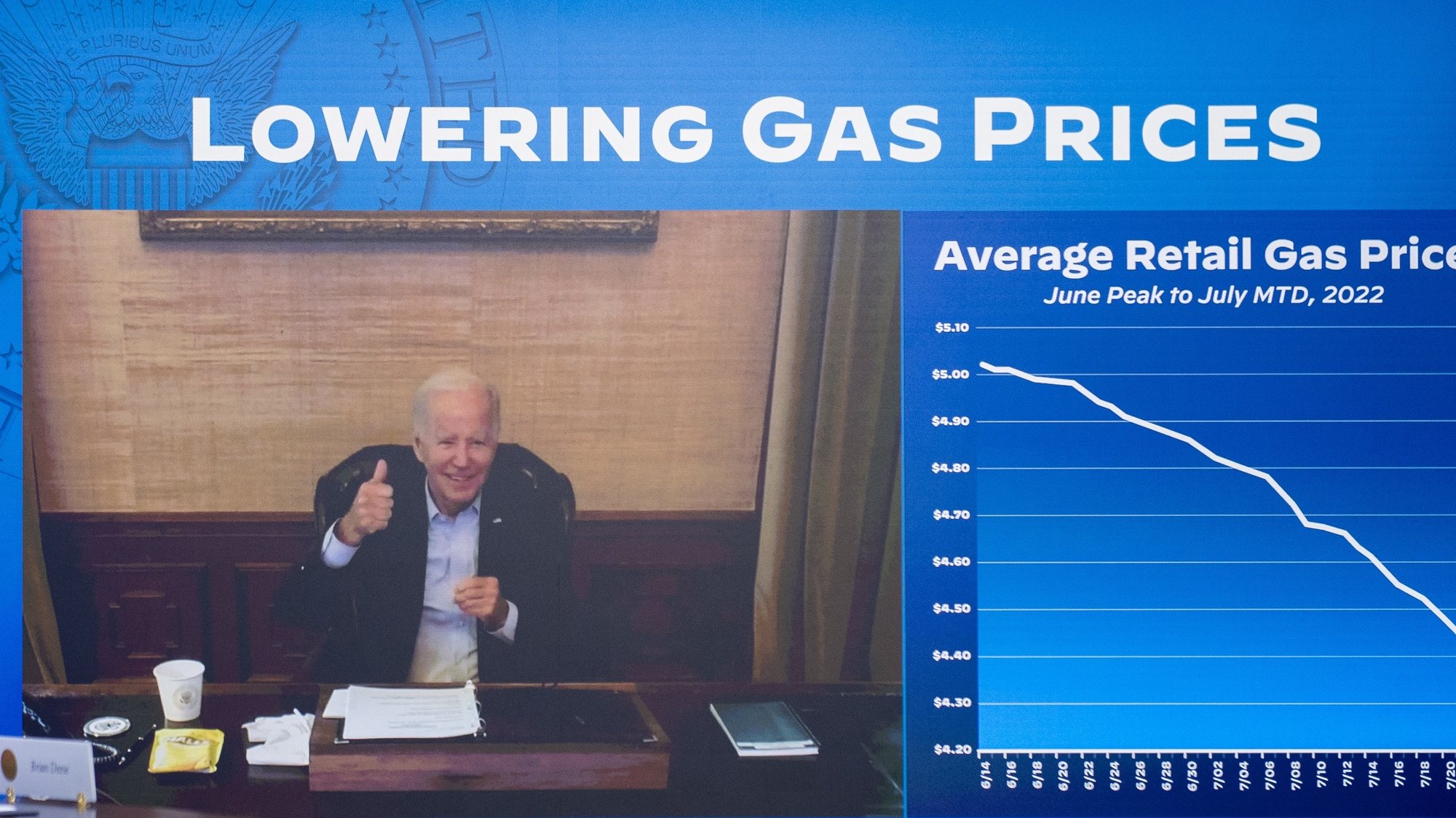 epa10086940 US President Joe Biden participates virtually in a meeting on the progress being made to lower gas prices for American Families in the South Court Auditorium on the White House campus in Washington, DC, USA, 22 July 2022.  EPA/Rod Lamkey / POOL