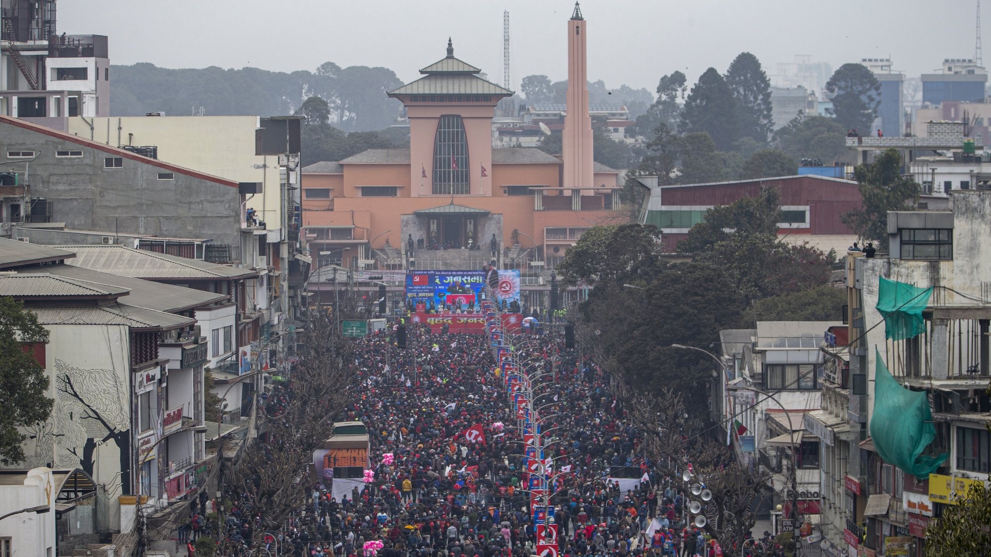 epa08988414 Nepalese Prime Minister and President of the Nepal Communist Party (NCP) K. P. Sharma Oli addresses a rally in Kathmandu, Nepal, 05 February 2021.  EPA/NARENDRA SHRESTHA