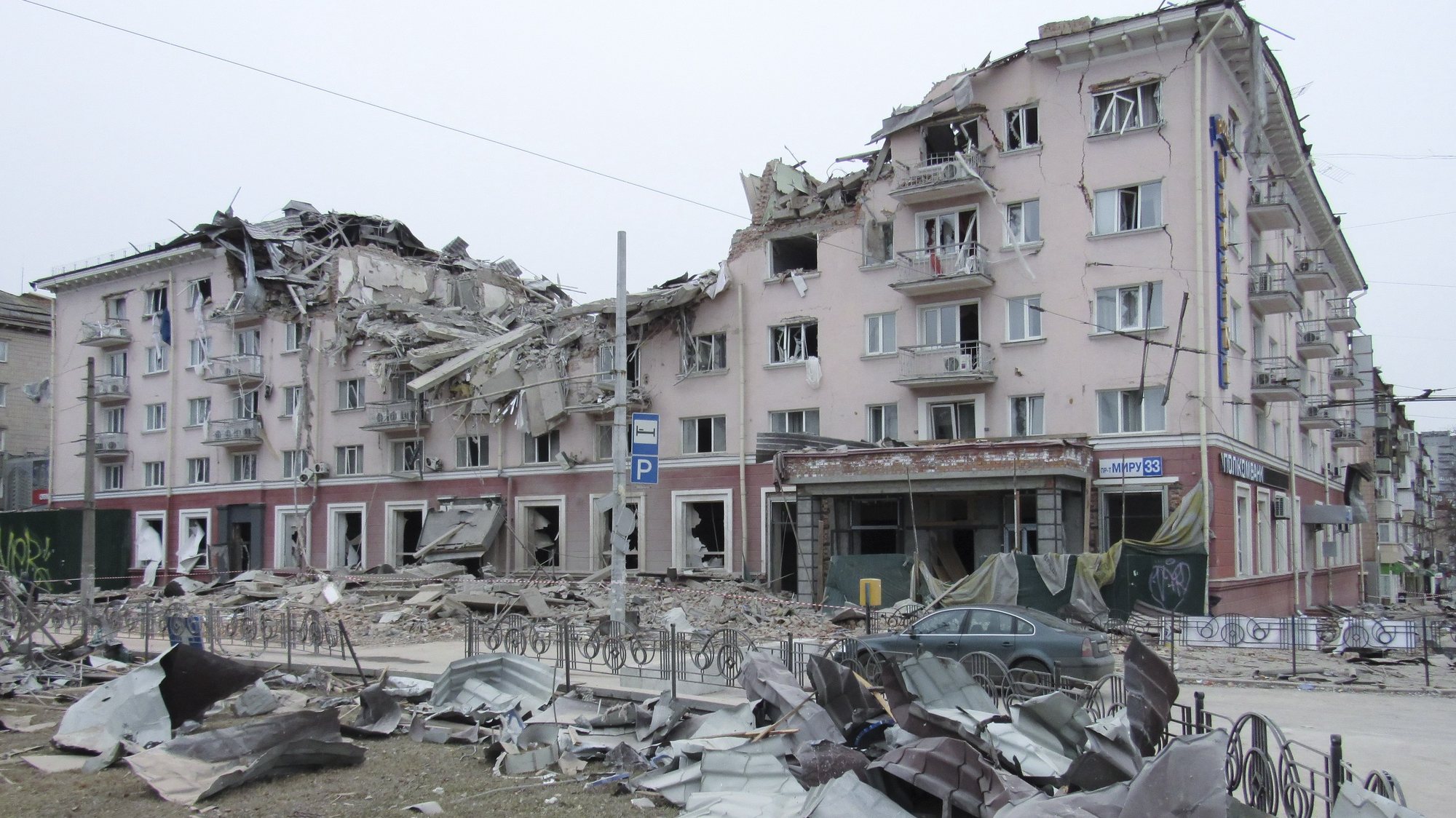 epa09819207 General view of the historical building of Ukraine Hotel after recent shelling in Chernihiv, Ukraine, 12 March 2022. Civillian infrastructure of the city is being targeted with airstrikes. Russian troops entered Ukraine on 24 February prompting the country&#039;s president to declare martial law and triggering a series of announcements by Western countries to impose severe economic sanctions on Russia.  EPA/SERGIY STARODAVNIY