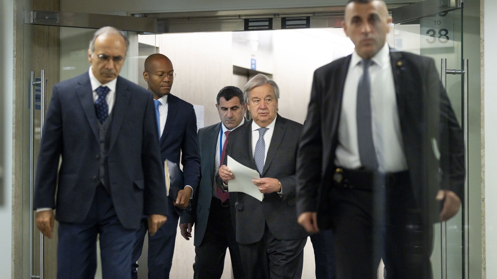 epa10938395 United Nations Secretary-General Antonio Guterres (C) arrives to deliver a statement in response to the Israel’s government decision to  ban United Nations representatives from visiting the country at United Nations headquarters in New York, New York, USA, 25 October 2023. Israel’s announcement came following remarks made by Guterres on Tuesday at a Security Council meeting about the growing conflict between Israel and Hamas in which he referenced the “suffocating occupation” experienced by the Palestinian people.  EPA/JUSTIN LANE