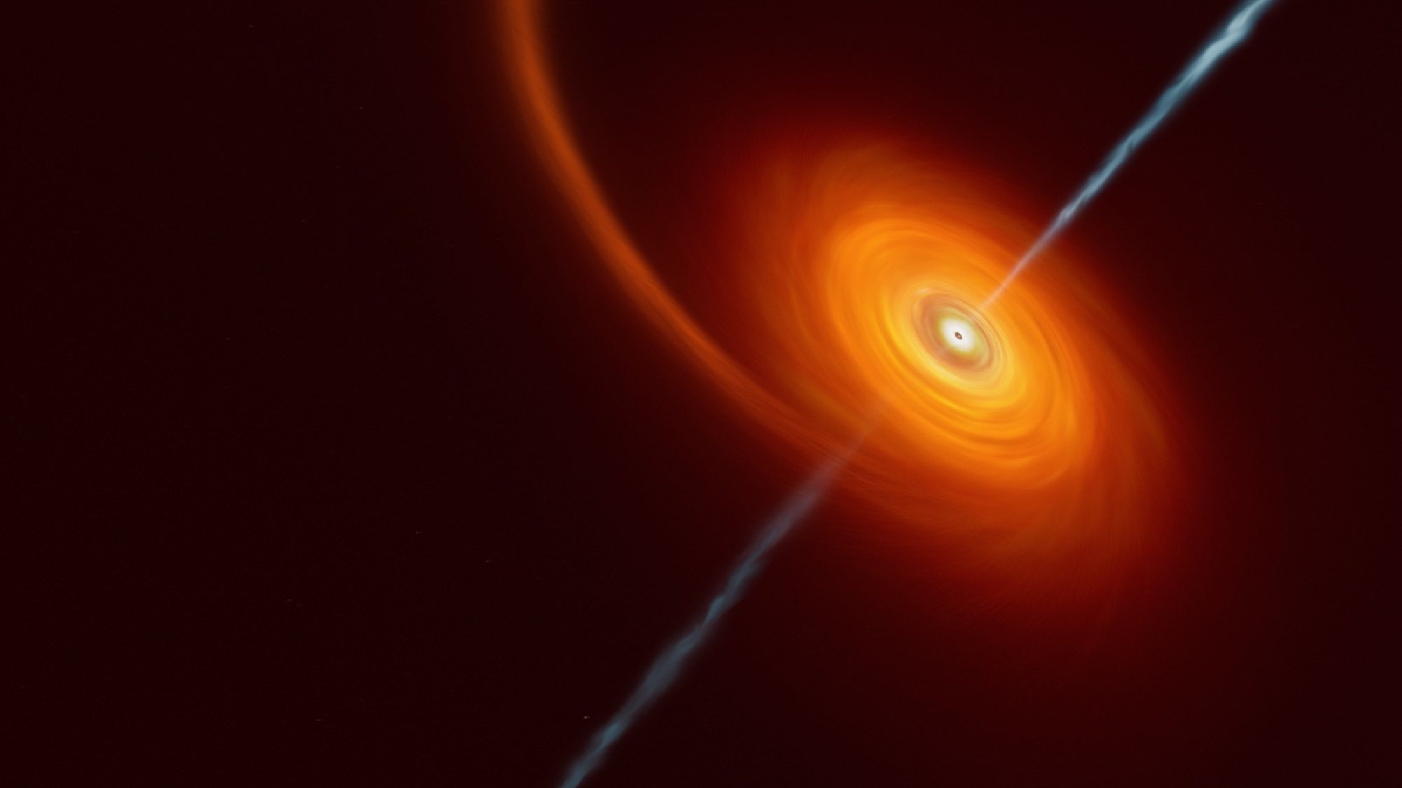 epa10339214 A handout photo made available by the European Southern Observatory (ESO) shows an artist&#039;s impression illustrating how it might look when a star approaches too close to a black hole, where the star is squeezed by the intense gravitational pull of the black hole (issued 30 November 2022). Some of the star&#039;s material gets pulled in and swirls around the black hole forming the disc that can be seen in this image. In rare cases, such as this one, jets of matter and radiation are shot out from the poles of the black hole. In the case of the AT2022cmc event, evidence of the jets was detected by various telescopes including the VLT, which determined this was the most distant example of such an event.  EPA/ESO/M.Kornmesser / HANDOUT  HANDOUT EDITORIAL USE ONLY/NO SALES