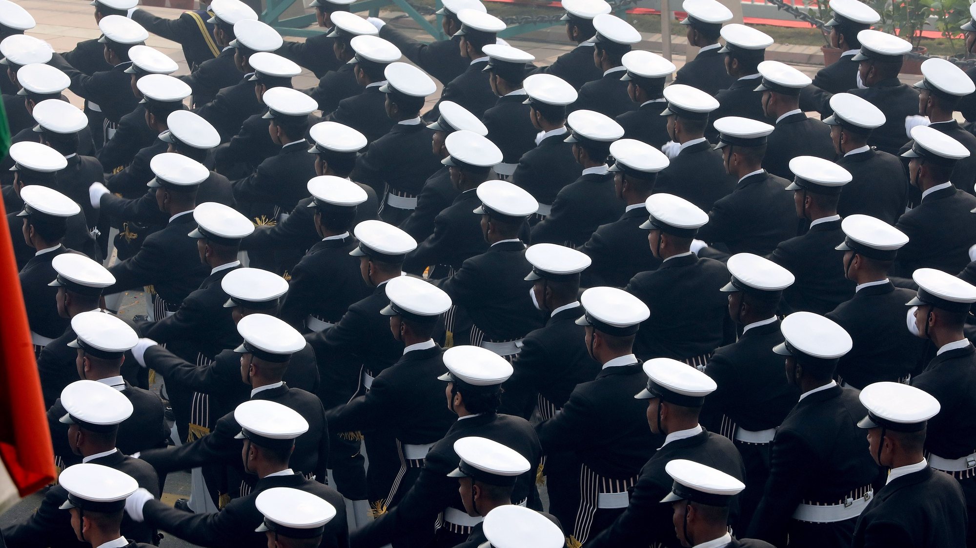 epa11105697 Indian navy marching contingent parades during India&#039;s 75th Republic Day celebrations in New Delhi, India, 26 January 2024. The Republic Day of India marks the adoption of the constitution of India and the transition of the country to a Republic on 26 January 1950.  EPA/HARISH TYAGI