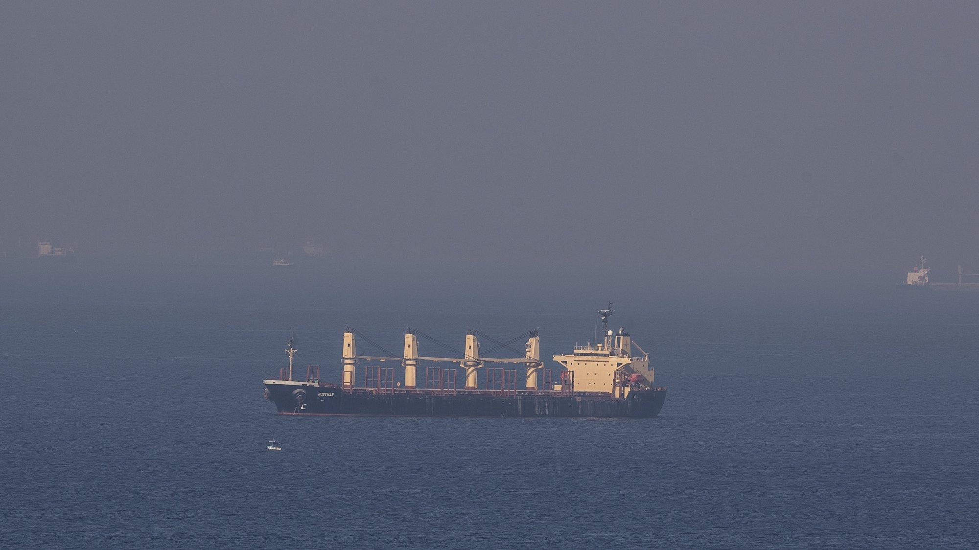 epa10281377 Cargo ship Rubymar, carrying Ukranian grain, at anchor in the Black Sea waiting for passing Bosphorus in Istanbul, Turkey, 02 November 2022. On 02 November Russian Defence Ministry in a statement announced Russia will resume its participation in the grain exports deal, after suspending its participation on 29 October.  EPA/TOLGA BOZOGLU