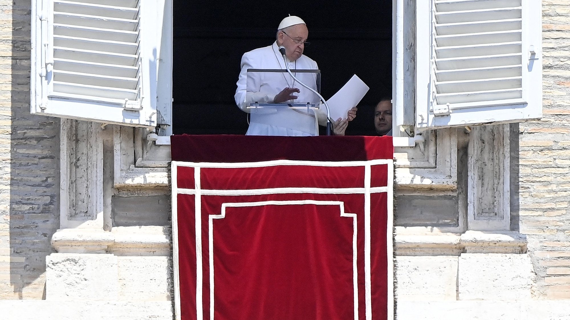 epa11477227 Pope Francis leads his Sunday Angelus prayer from the window of his office overlooking Saint Peter&#039;s Square, Vatican City, 14 July 2024.  EPA/RICCARDO ANTIMIANI