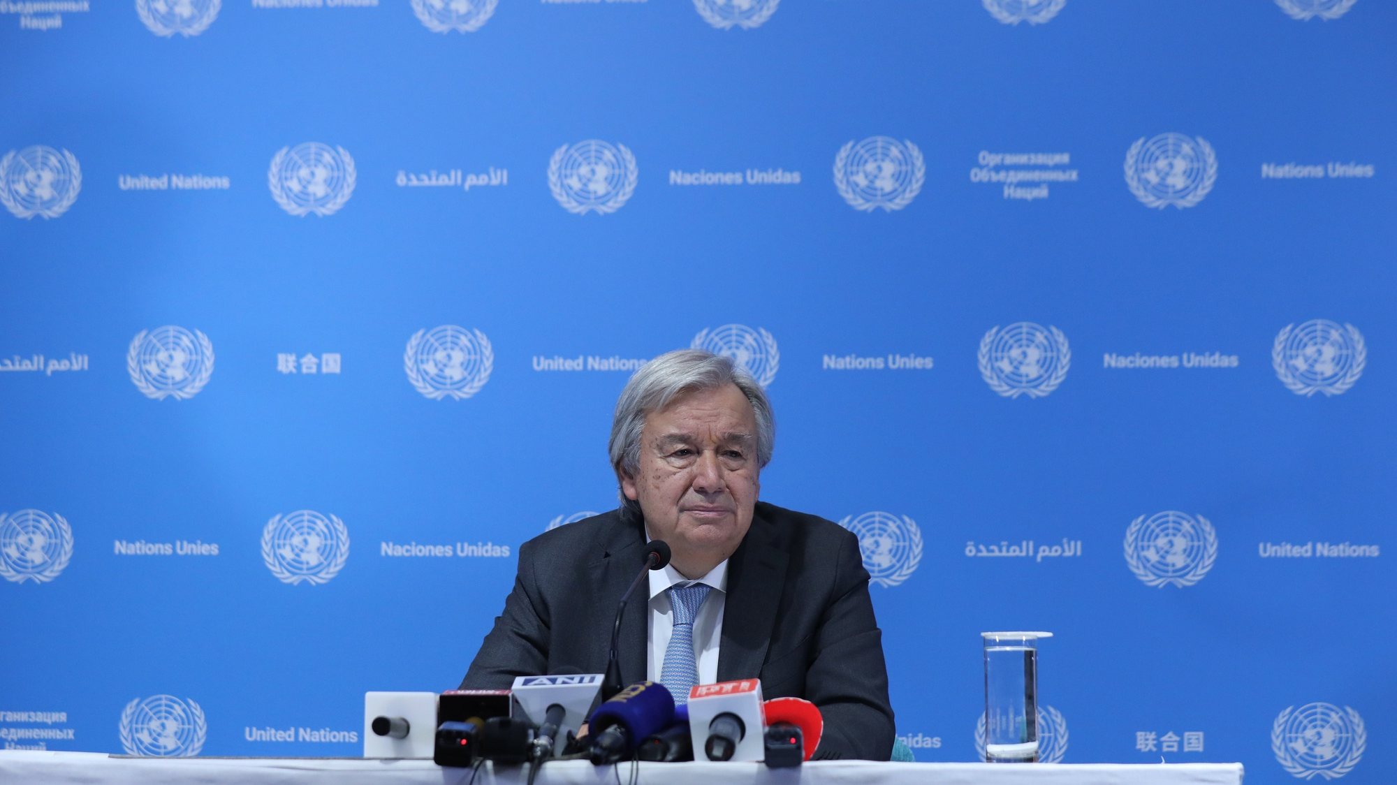 epa10848810 United Nations Secretary General Antonio Guterres addresses a press conference ahead of G20 summit in New Delhi, India, 08 September 2023. The Indian capital is all set for the G20 summit scheduled for 09 and 10 September.  EPA/RAJAT GUPTA