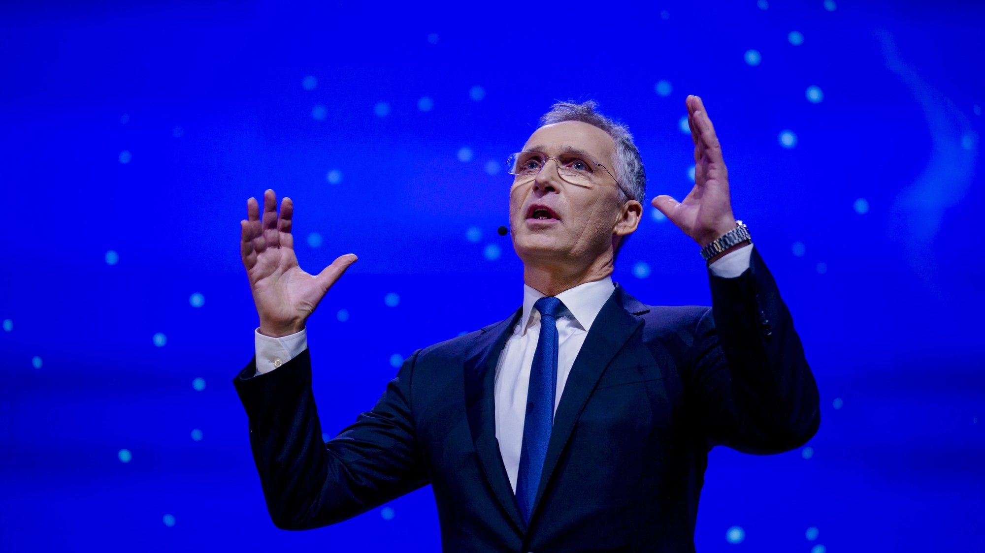 epa10390134 The North Atlantic Treaty Organization (NATO) Secretary General Jens Stoltenberg gestures as he addresses the participants of the annual conference of the Norwegian Confederation of Business (NHO) at the Oslo Spektrum multi-purpose indoor arena, in Oslo, Norway, 05 January 2023. Some 1,500 politicians and business leaders will attend the conference to &#039;talk about the big picture, about energy, climate, about the future and the way forward. the NHO says on its website.  EPA/Stian Lysberg Solum  NORWAY OUT