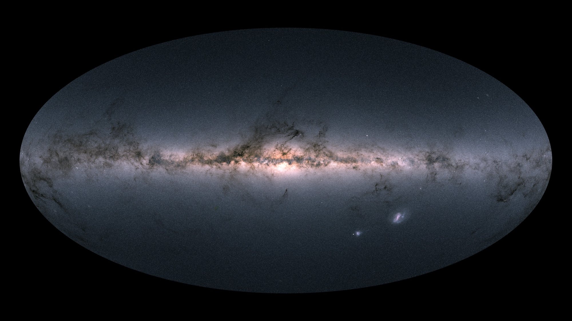 epa06692066 An undated handout photo made available by the European Space Agency (ESA) on 25 April 2018 shows Gaia’s all-sky view of our Milky Way Galaxy and neighbouring galaxies, based on measurements of nearly 1.7 billion stars. The map shows the total brightness and colour of stars observed by the ESA satellite in each portion of the sky between July 2014 and May 2016.  EPA/ESA/Gaia/DPAC / HANDOUT  HANDOUT EDITORIAL USE ONLY/NO SALES