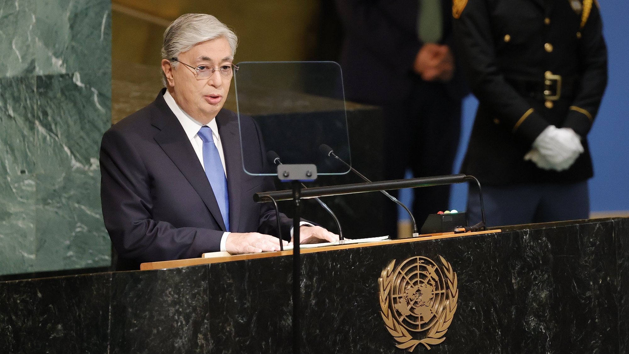 epa10195512 President Tassym-Jomart Tokayev of Kazakhstan delivers his address during the 77th General Debate inside the General Assembly Hall at United Nations Headquarters in New York, New York, USA, 20 September 2022.  EPA/JASON SZENES