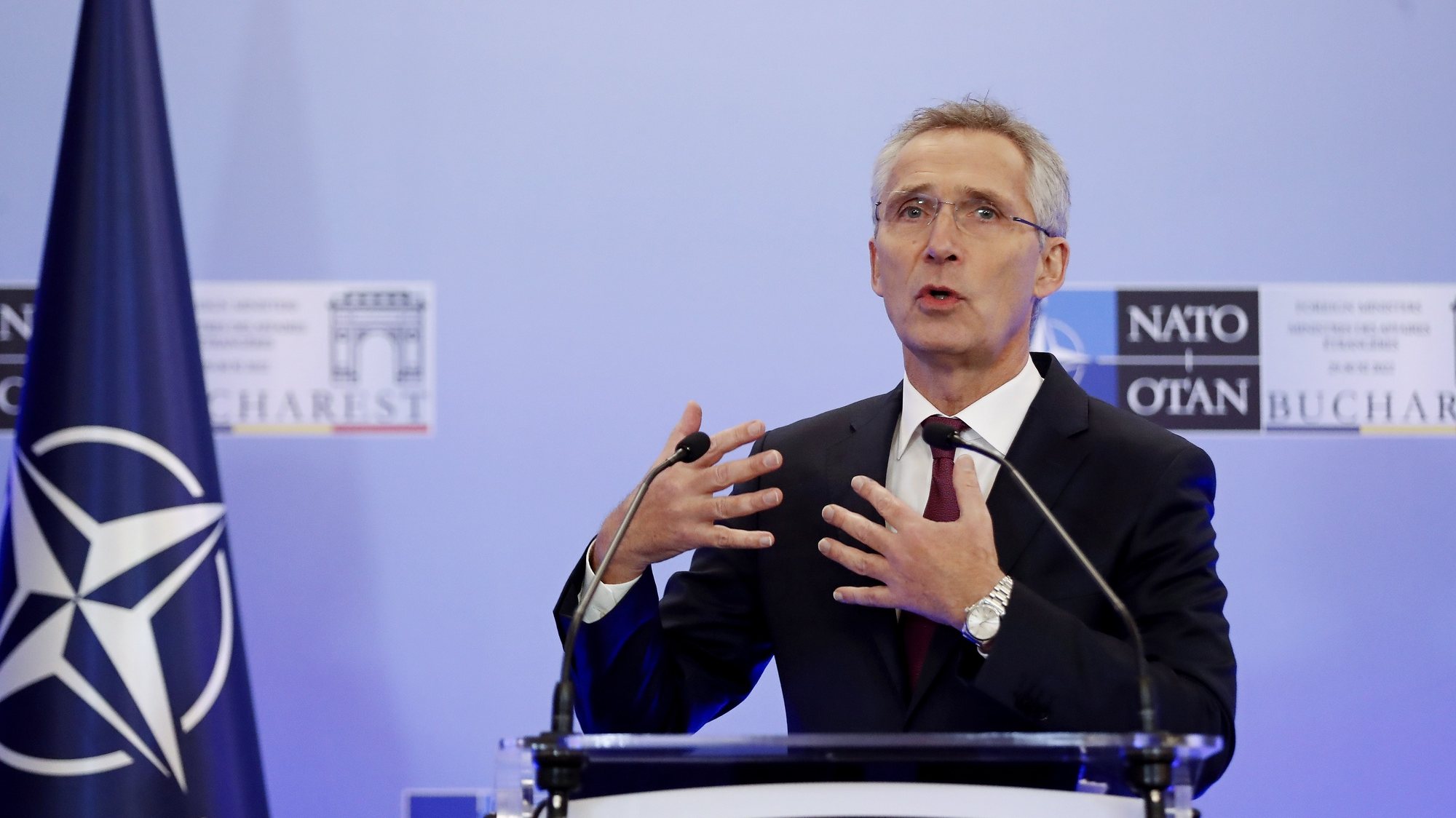 epa10338777 NATO Secretary General Jens Stoltenberg speaks during a press conference at the end of the NATO Foreign Ministers Meeting held at Parliament Palace in Bucharest, Romania, 30 November 2022. Foreign Ministers from NATO countries gathered in Romania&#039;s capital on 29 and 30 November 2022 to tackle Russia’s invasion in Ukraine, NATO’s support for Kyiv administration and regional partners and to find new ways to strengthen the Eastern flank of the alliance.  EPA/ROBERT GHEMENT
